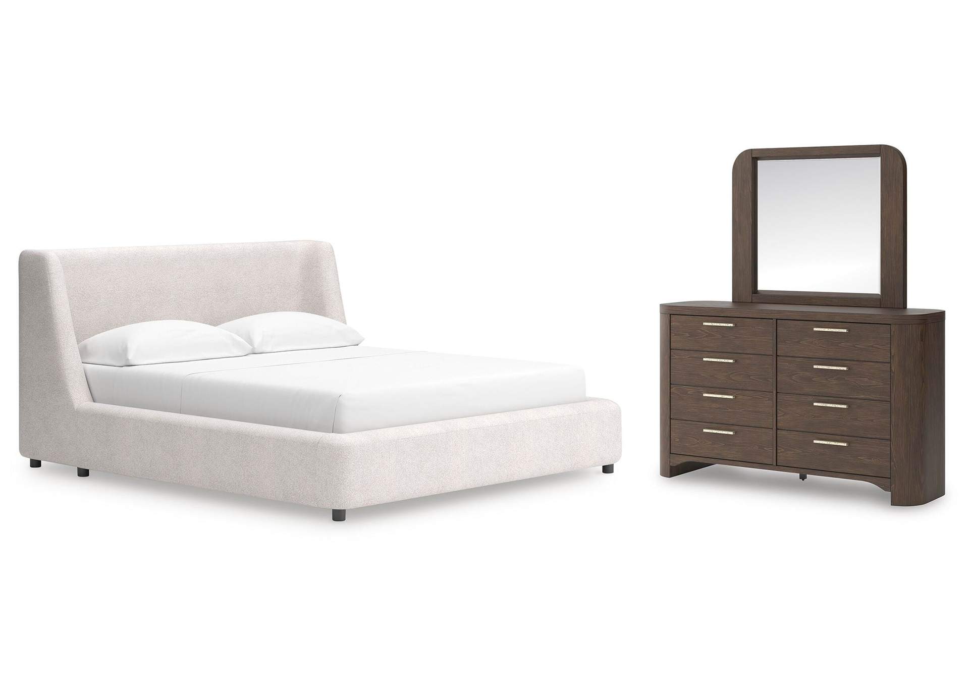 Neo California King Upholstered Platform Bed, Dresser and Mirror image 1