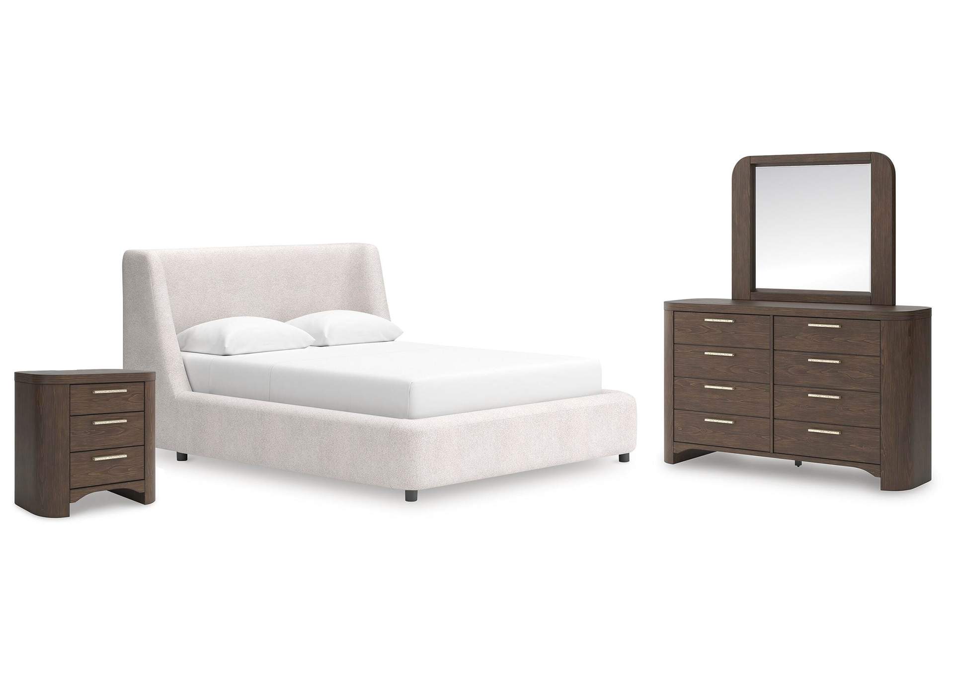 Neo Queen Upholstered Platform Bed, Dresser, Mirror and Nightstand image 1