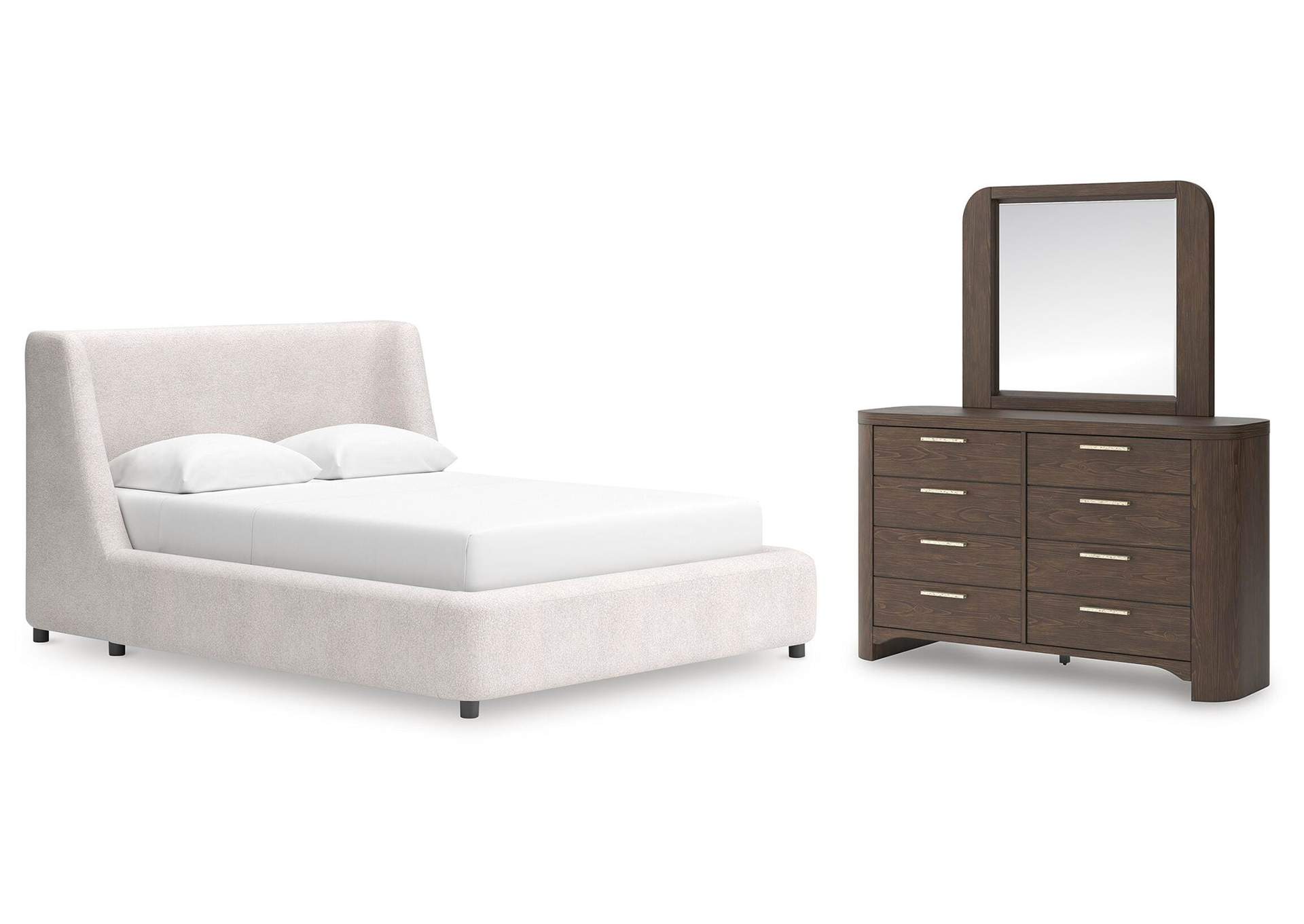 Neo Queen Upholstered Platform Bed, Dresser and Mirror image 1