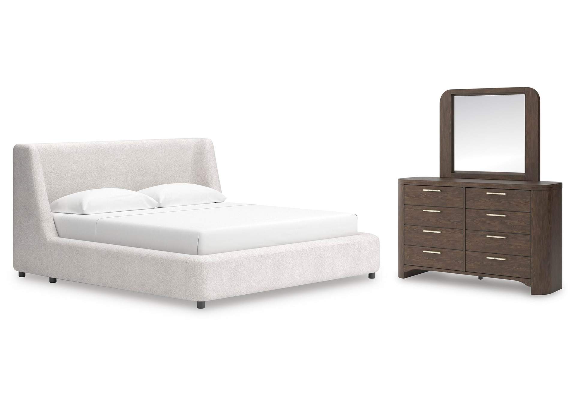 Neo King Upholstered Platform Bed, Dresser and Mirror image 1