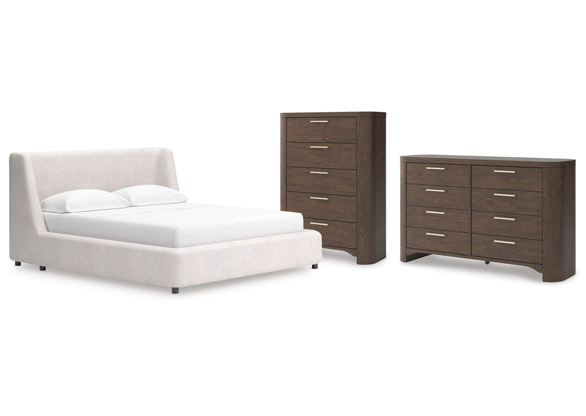 Neo California King Upholstered Platform Bed, Dresser and Chest image 1