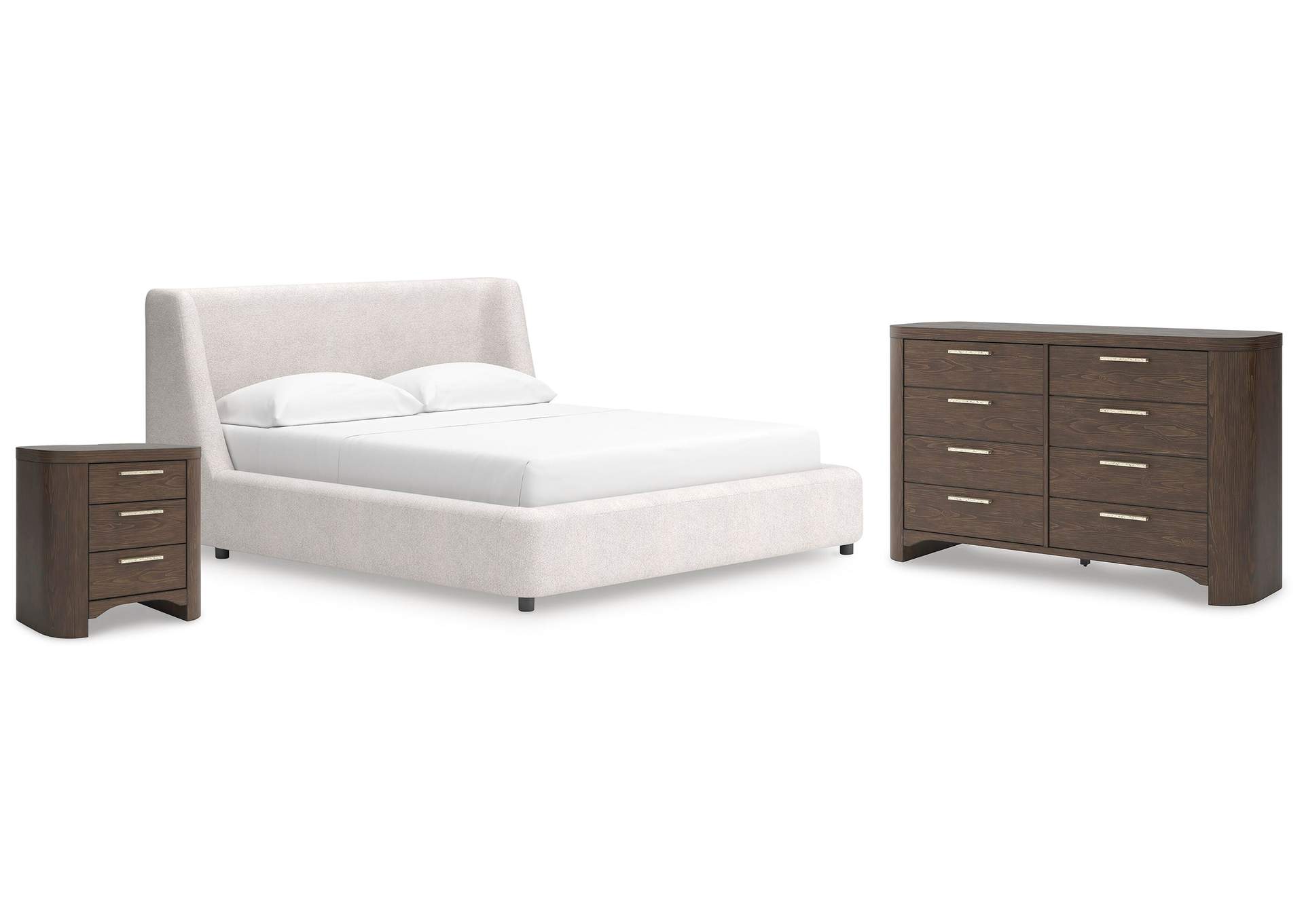 Neo California King Upholstered Platform Bed, Dresser and Nightstand image 1