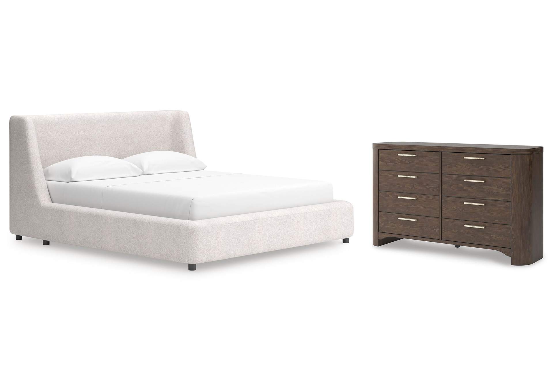 Neo California King Upholstered Platform Bed and Dresser image 1