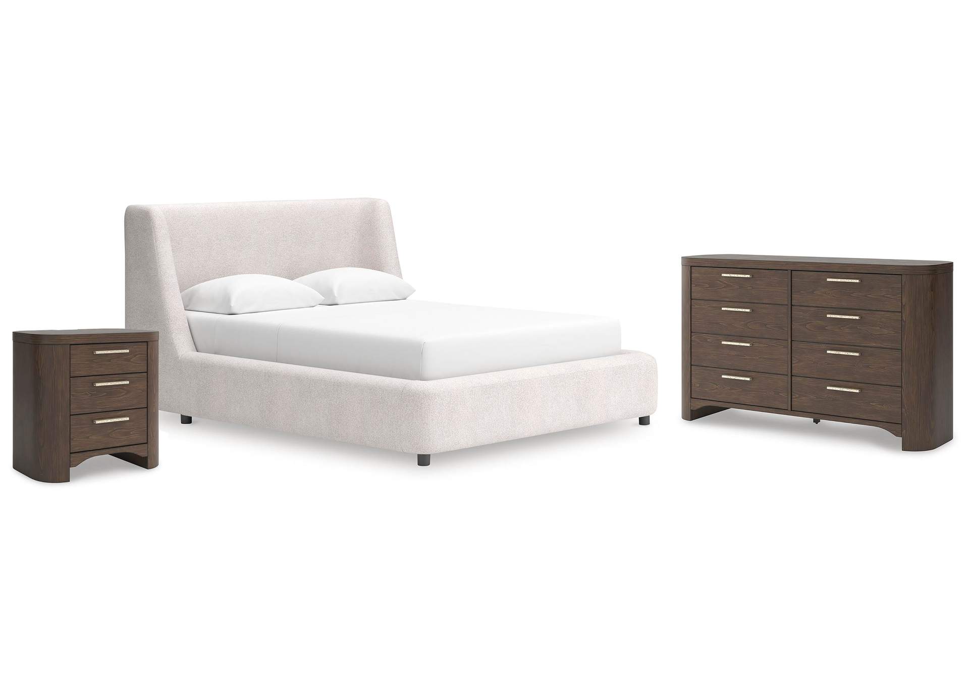 Neo Queen Upholstered Platform Bed, Dresser and Nightstand image 1