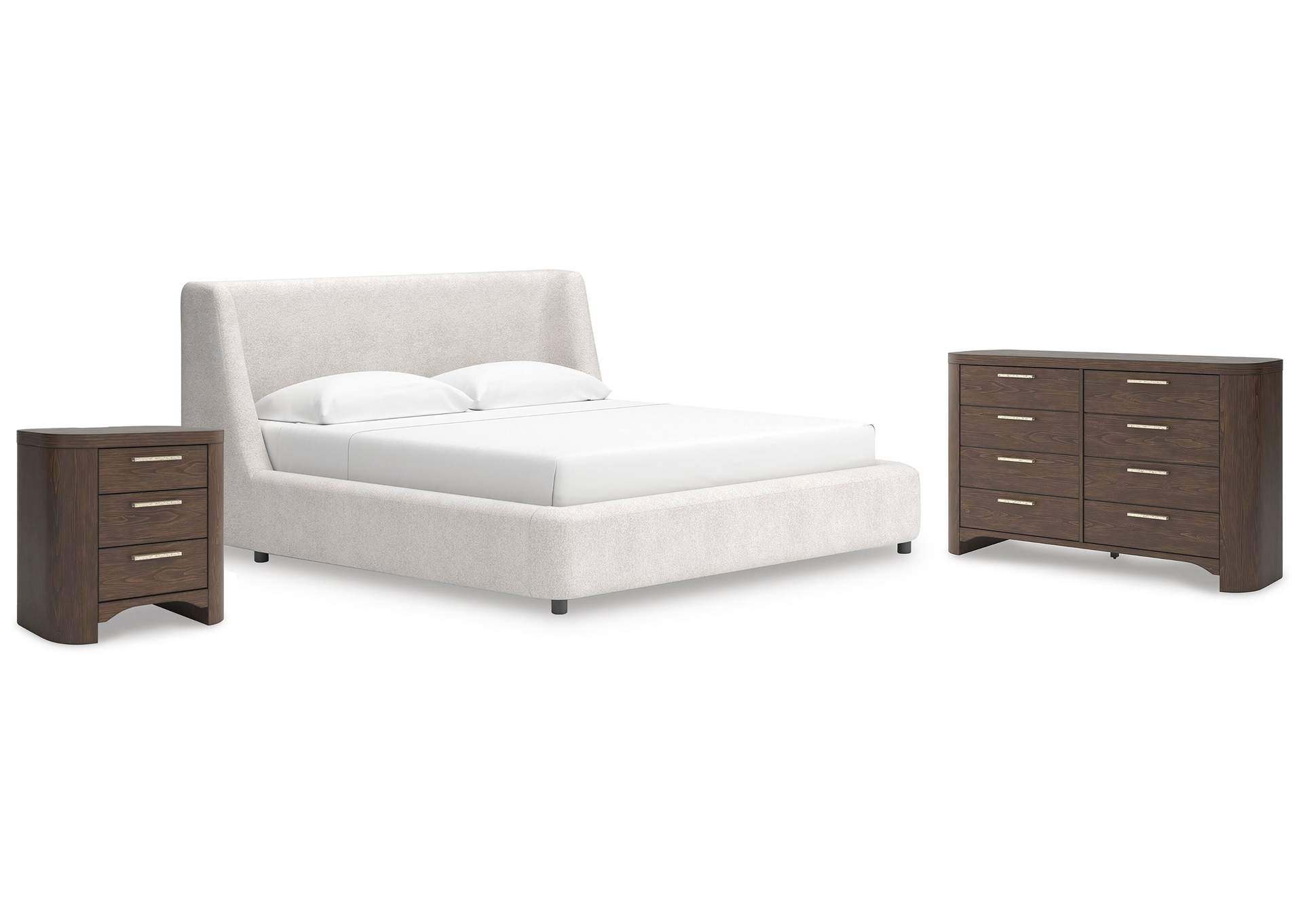 Neo King Upholstered Platform Bed, Dresser and Nightstand image 1