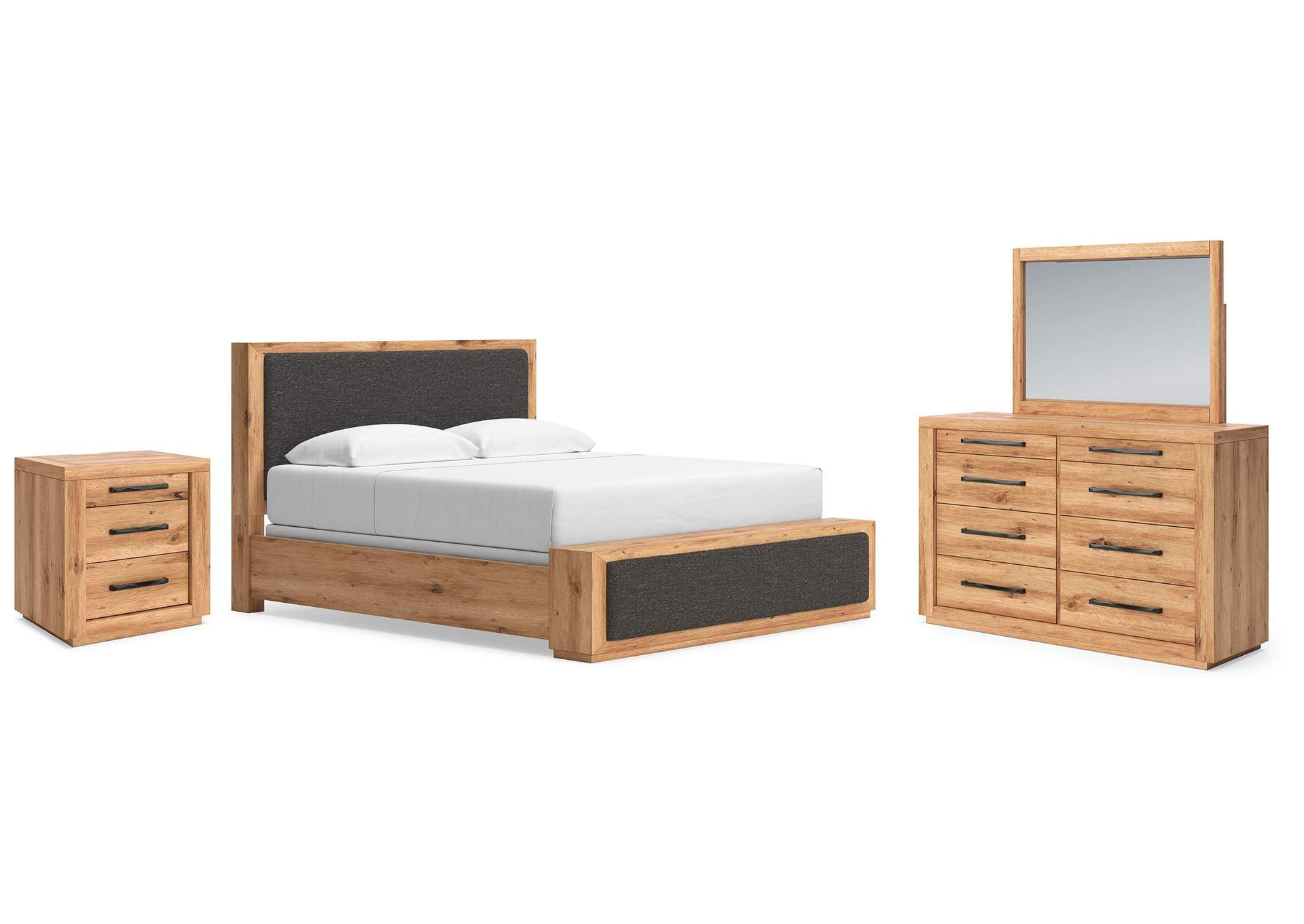 Bracken King Upholstered Panel Bed, Dresser, Mirror and Nightstand image 1