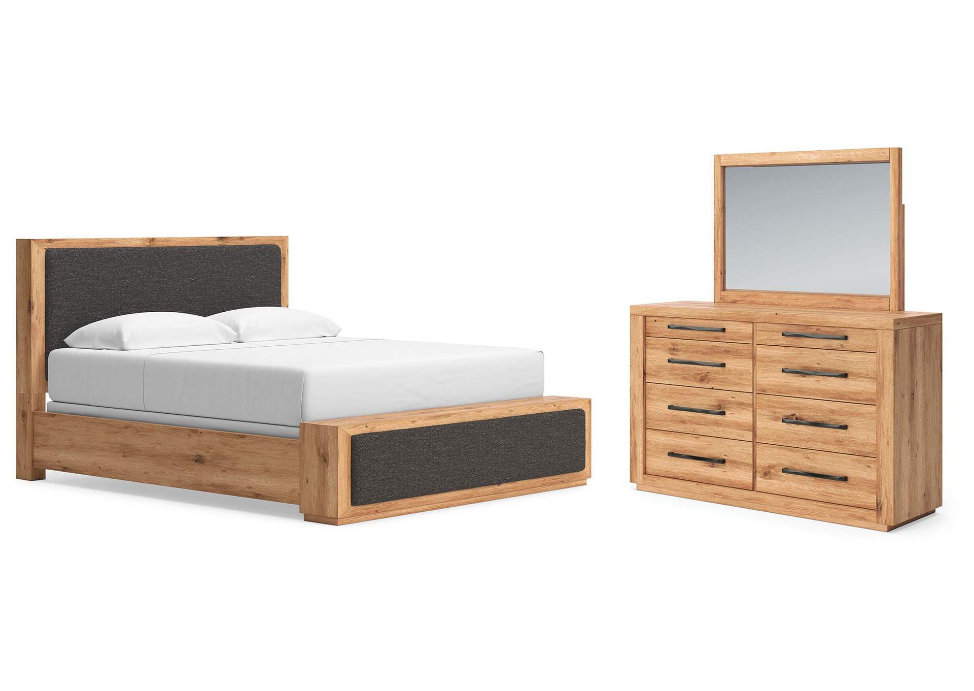 Bracken King Upholstered Panel Bed, Dresser and Mirror image 1