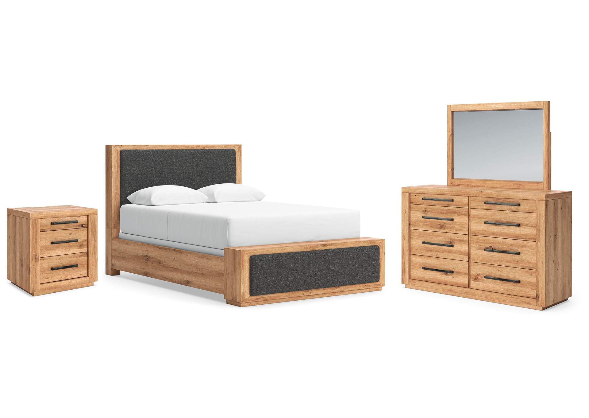 Bracken Queen Upholstered Panel Bed, Dresser, Mirror and Nightstand image 1