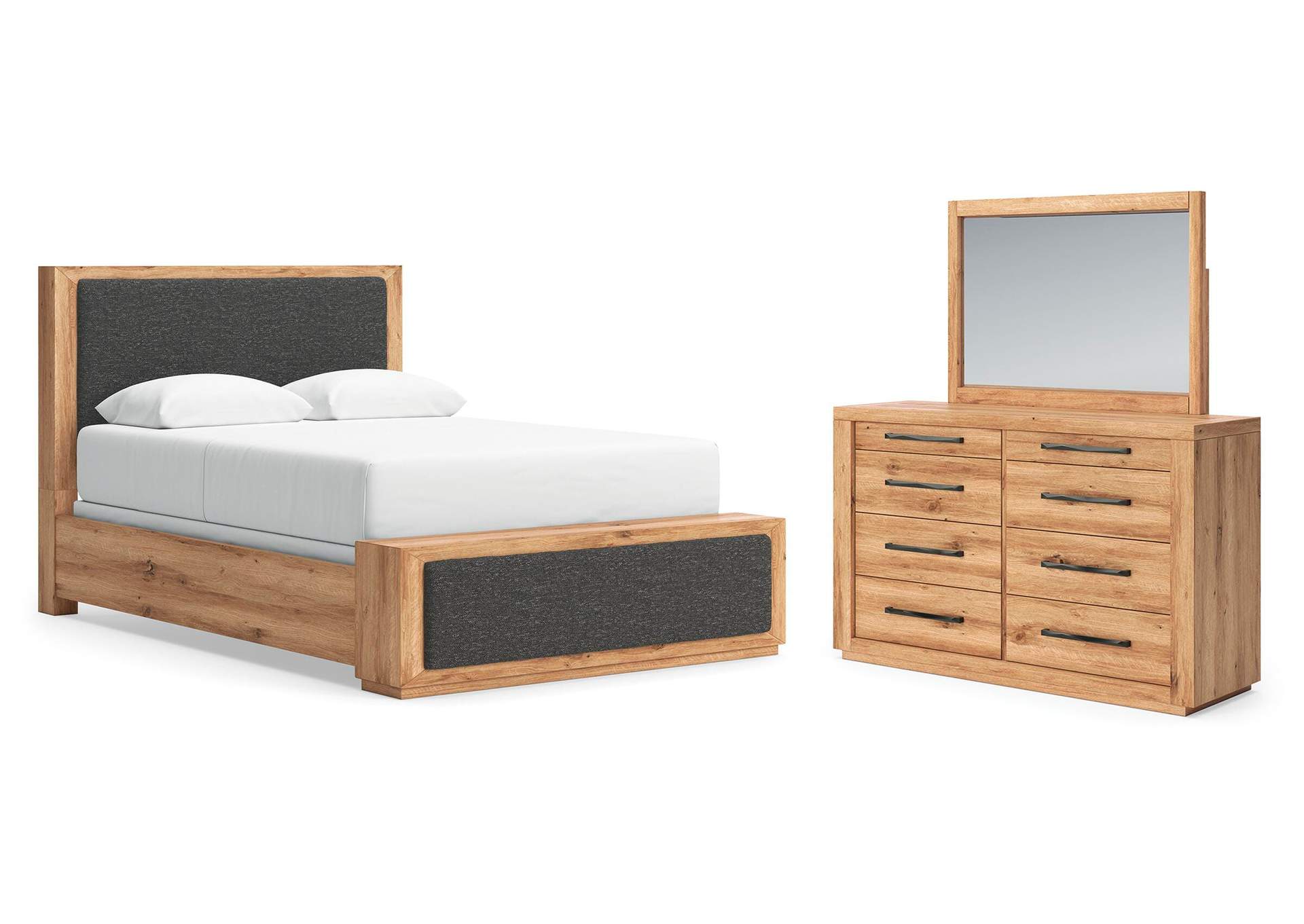 Bracken Queen Upholstered Panel Bed, Dresser and Mirror image 1