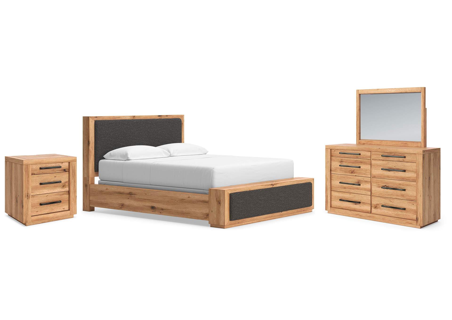 Bracken California King Upholstered Panel Bed, Dresser, Mirror and Nightstand image 1