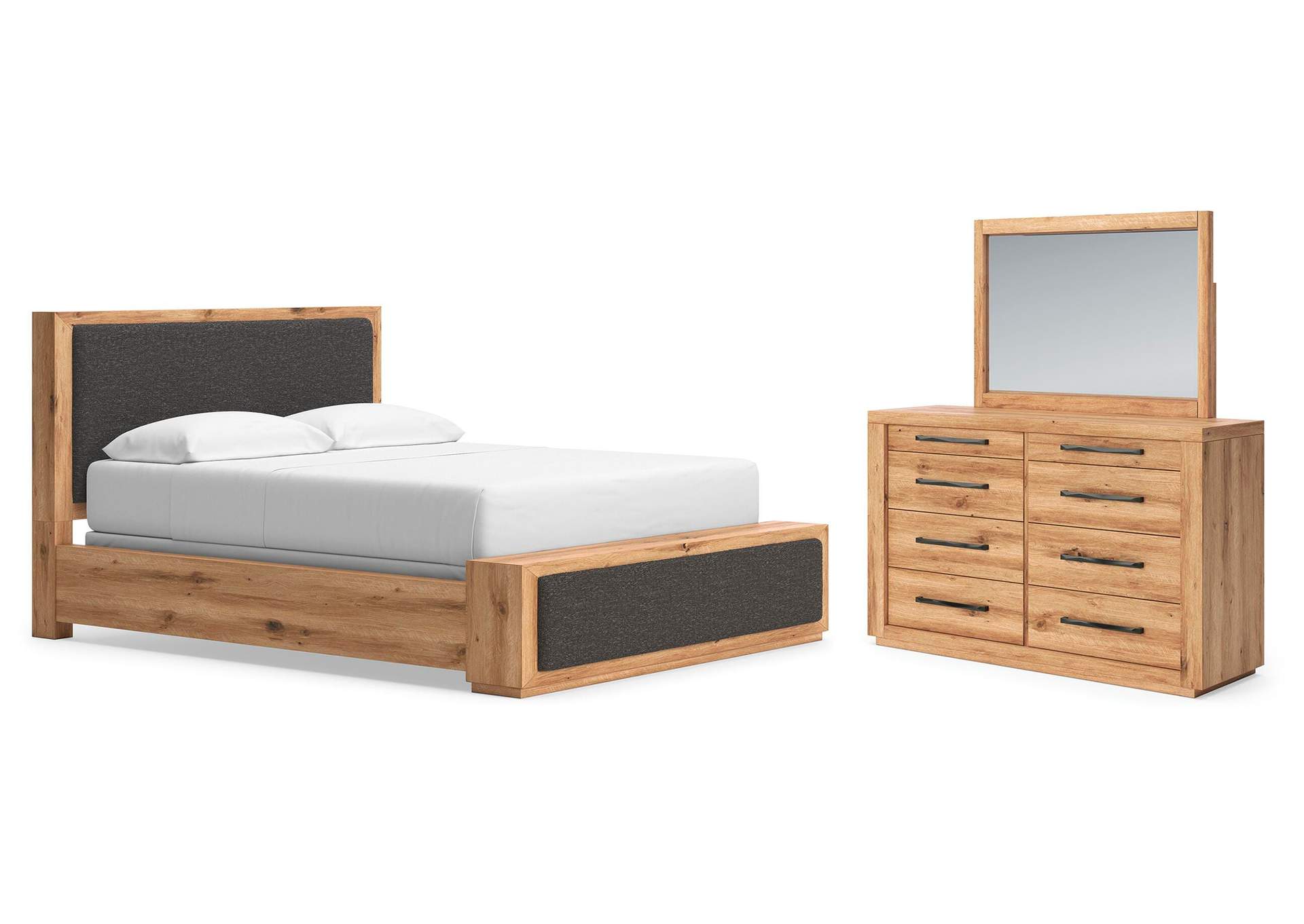 Bracken California King Upholstered Panel Bed, Dresser and Mirror