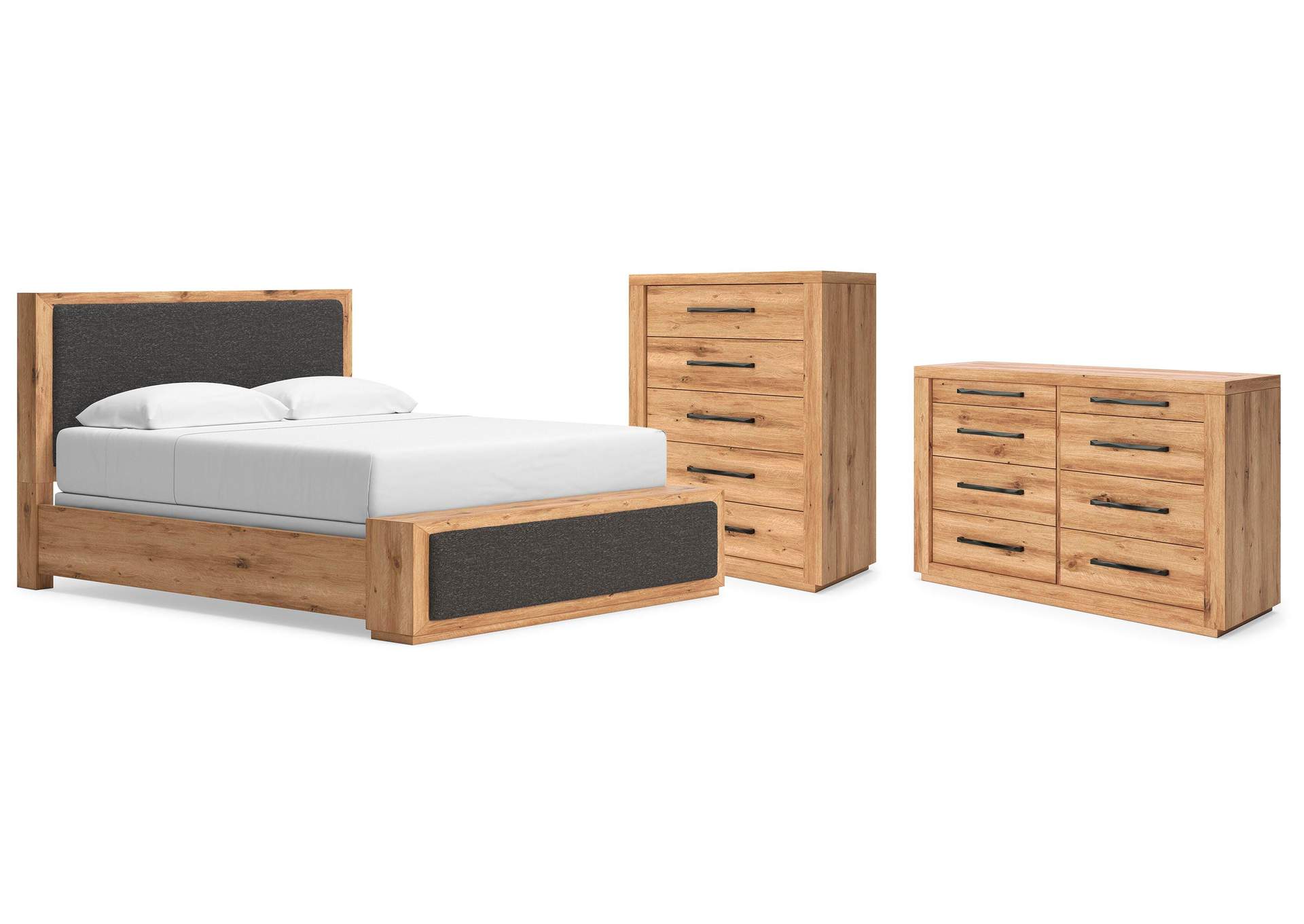 Bracken King Upholstered Panel Bed, Dresser and Chest image 1