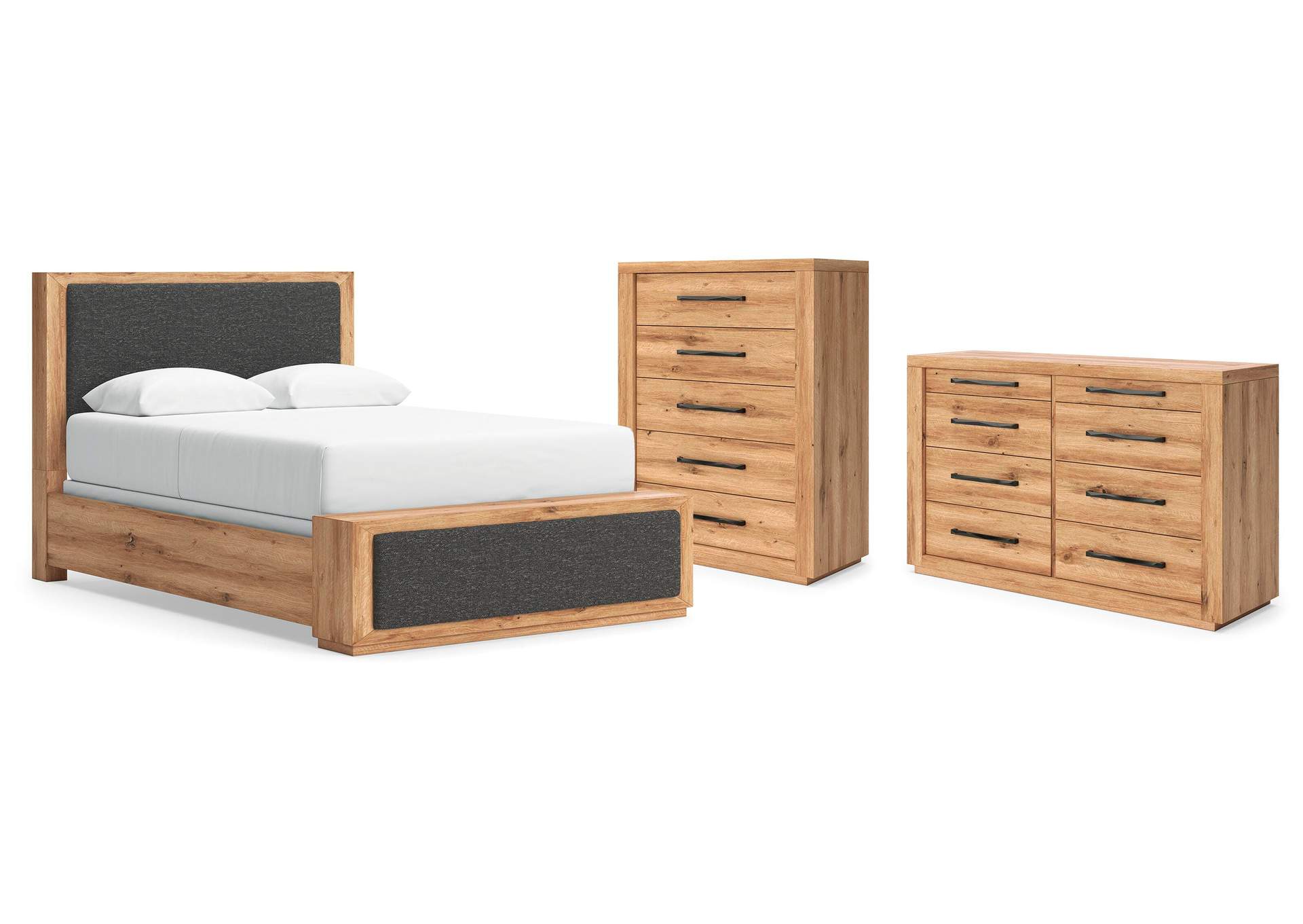 Bracken Queen Upholstered Panel Bed, Dresser and Chest image 1