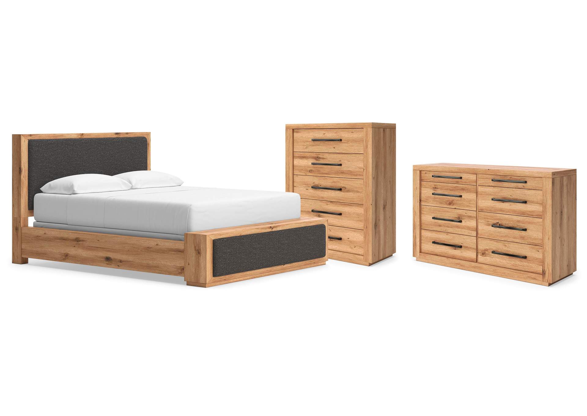 Bracken California King Upholstered Panel Bed, Dresser and Chest image 1