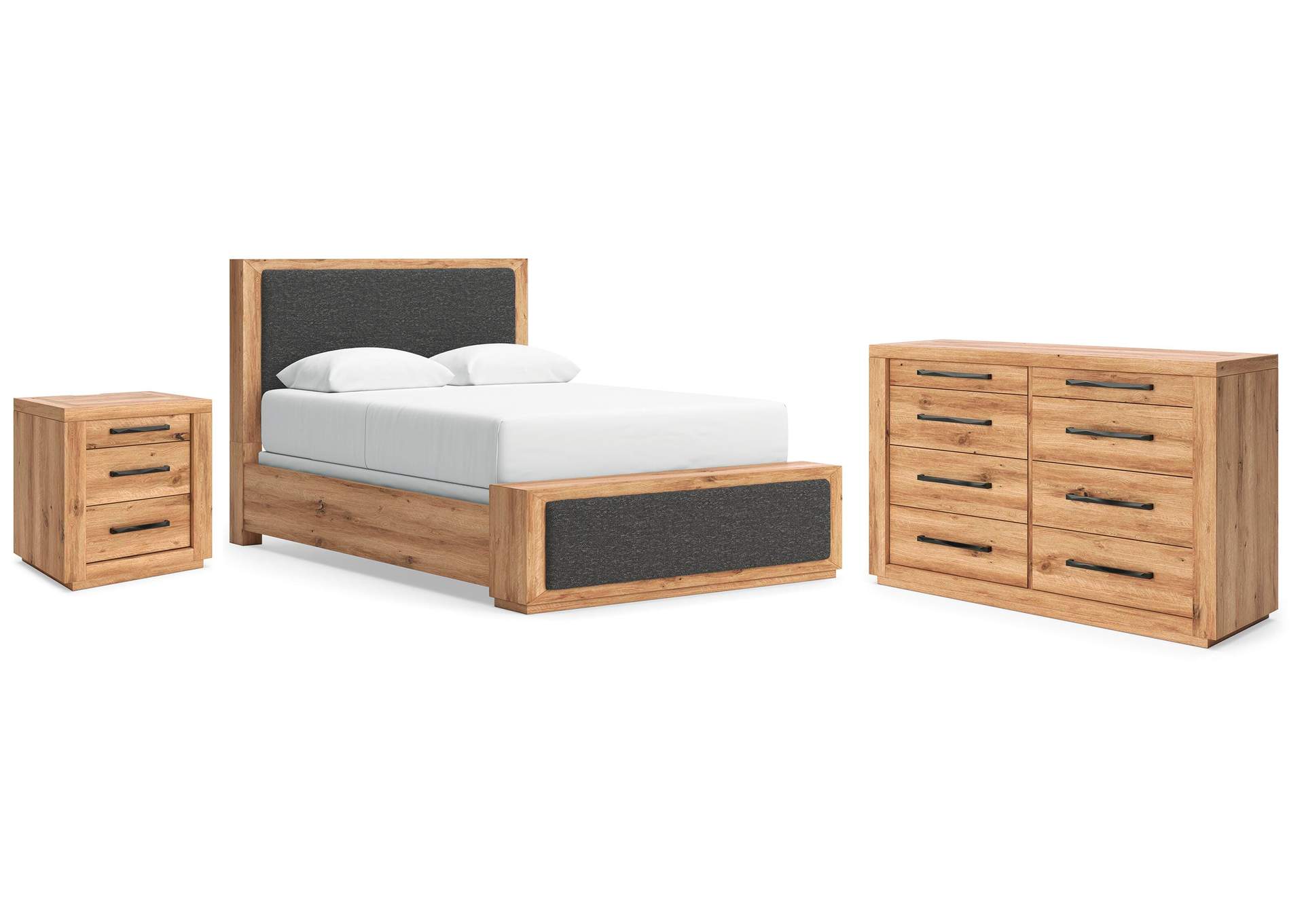 Bracken Queen Upholstered Panel Bed, Dresser and Nightstand image 1