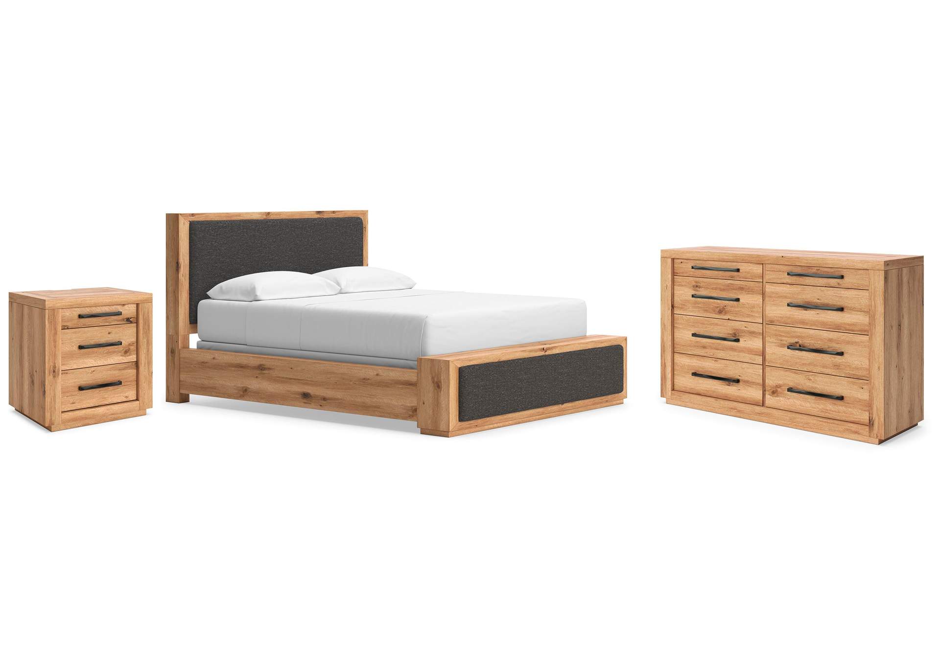 Bracken California King Upholstered Panel Bed, Dresser and Nightstand image 1