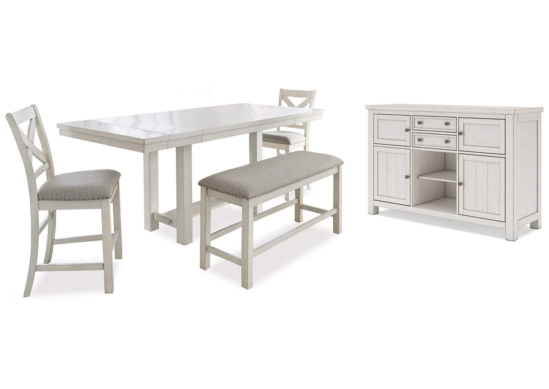 Robbinsdale Counter Height Dining Table, 2 Barstools, Bench and Server image 1