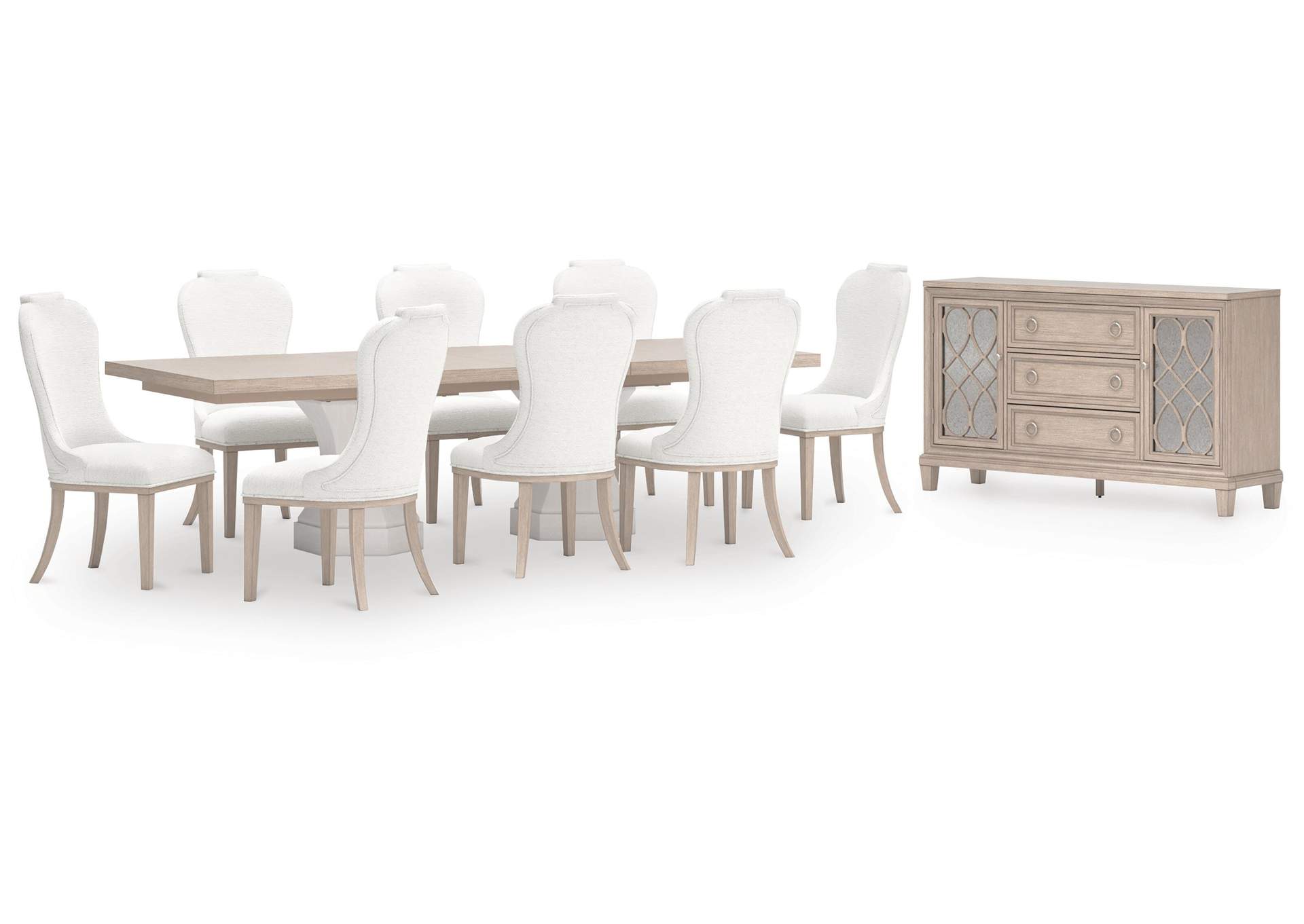 Jorlaina Extendable Dining Table and 8 Chairs with Storage image 1