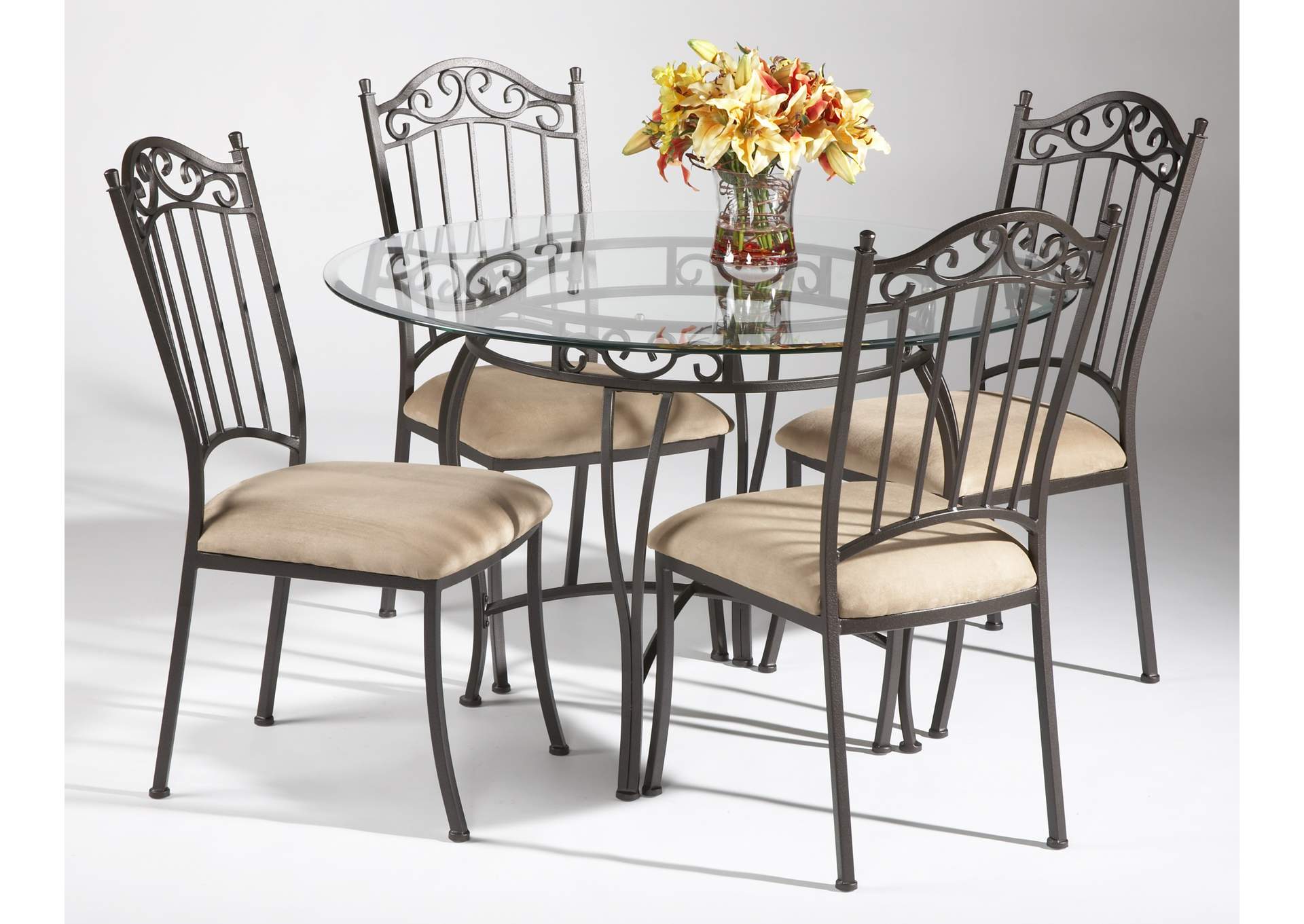 Transitional Style Dining Set With Wrought Iron Glass Table & Chairs image 1