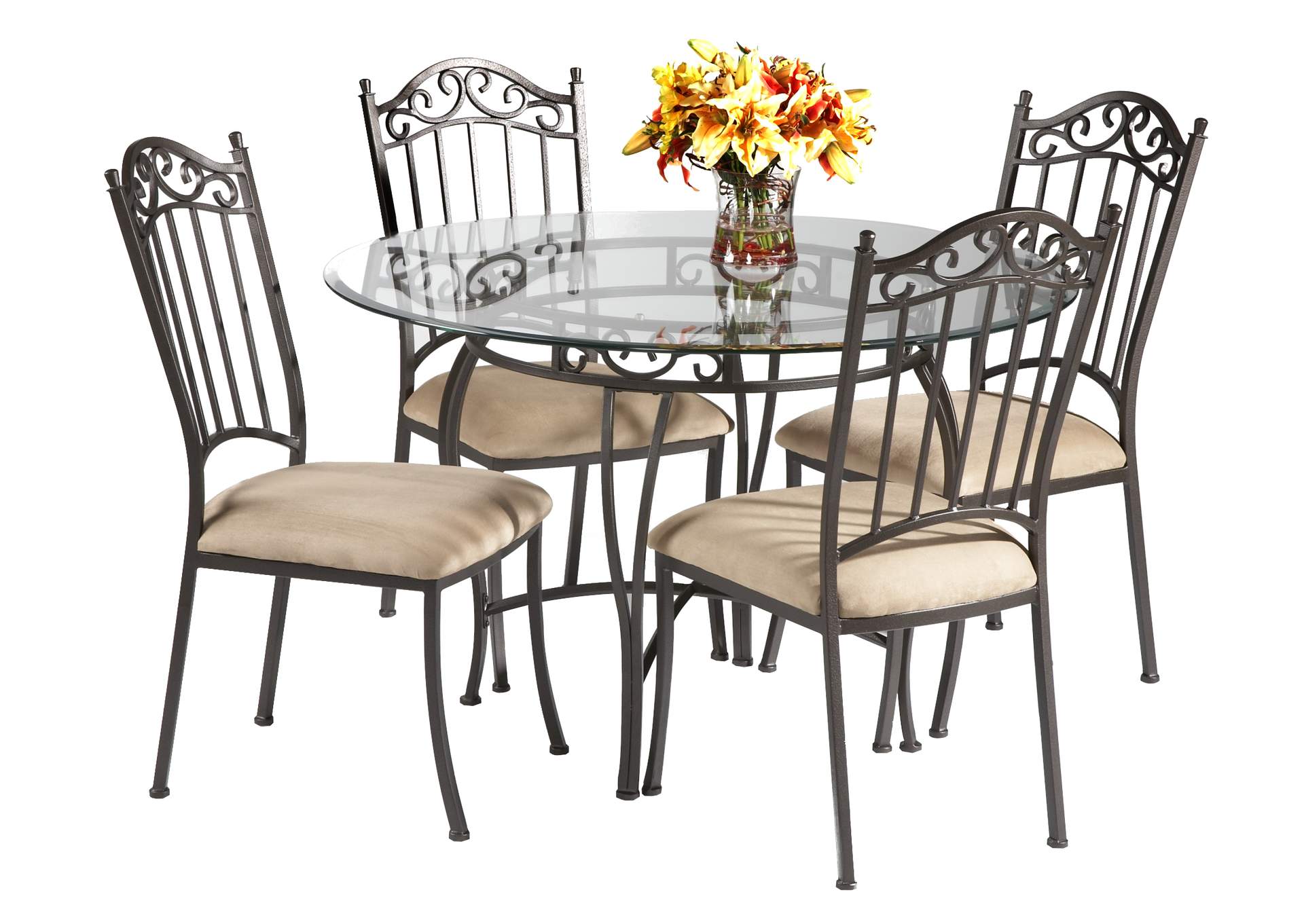 Transitional Style Dining Set With Wrought Iron Glass Table & Chairs image 3
