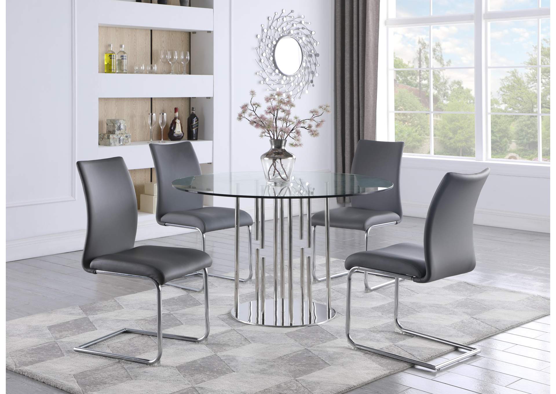 Dining Set With Contemporary Round Glass Table & Modern Contour-Back Chairs