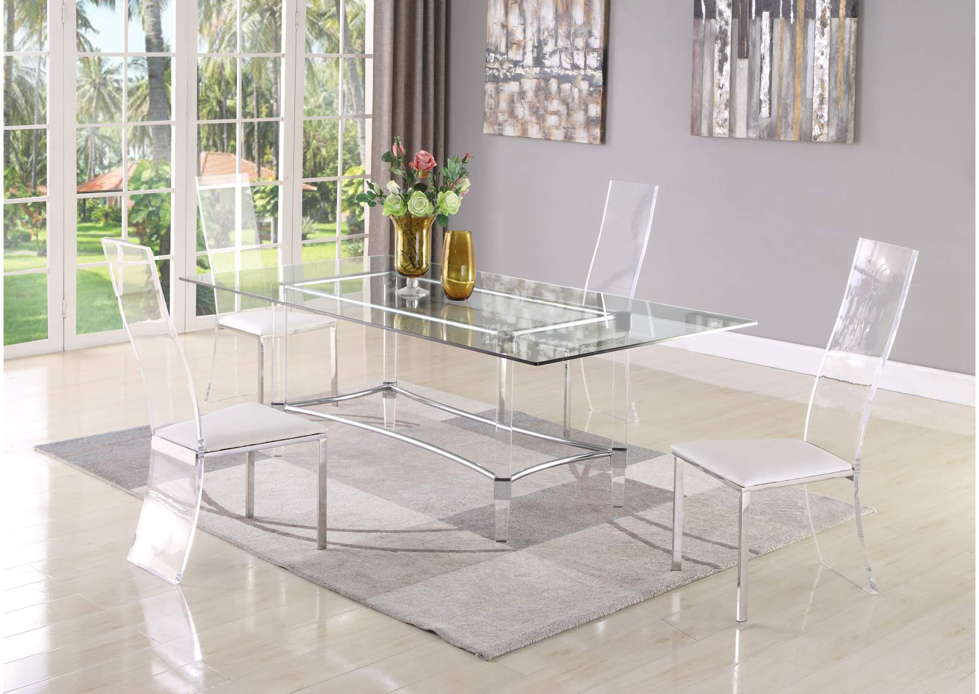 Contemporary Dining Set With Rectangular Glass Dining Table & Acrylic High-Back Side Chairs image 1