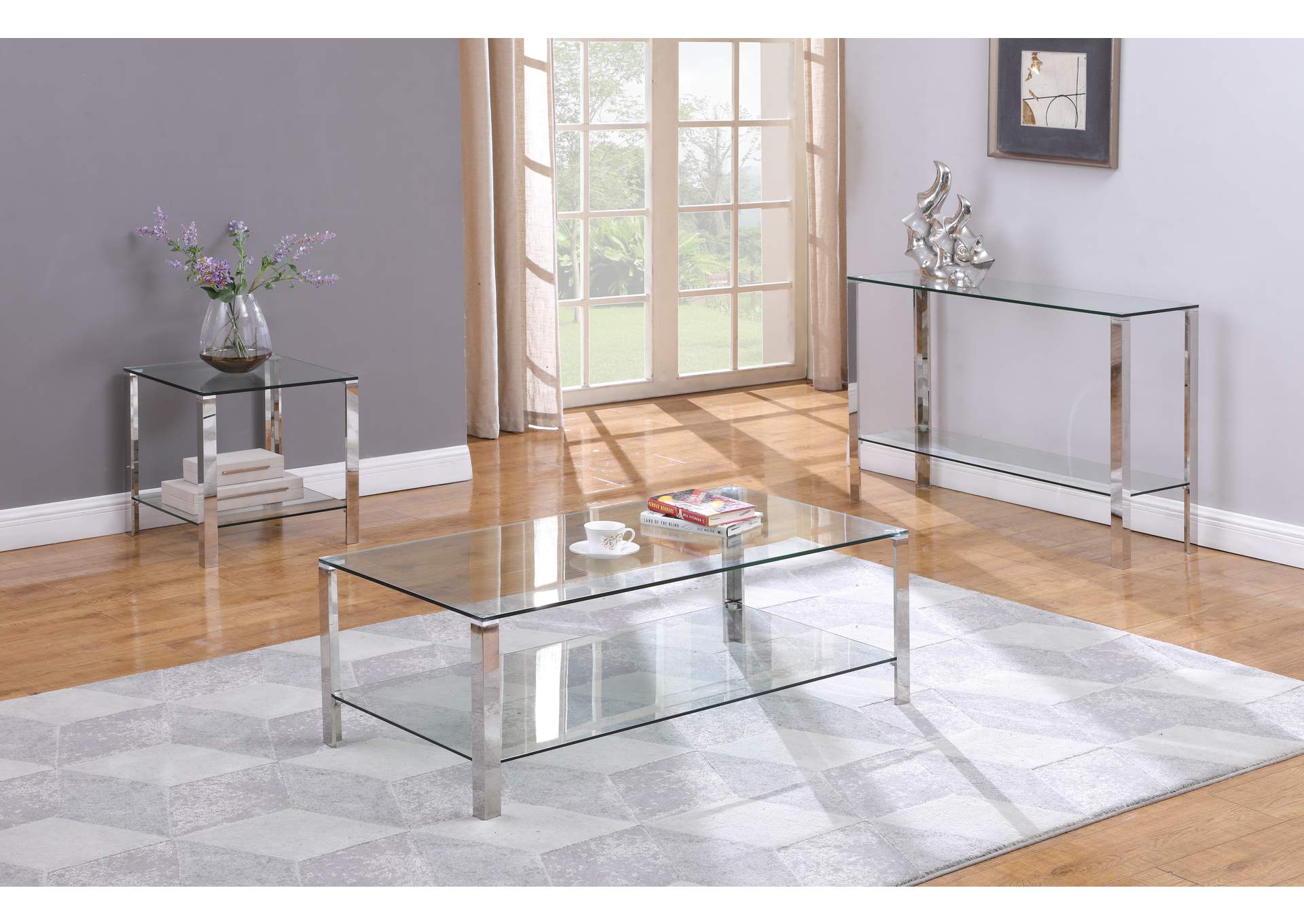 Contemporary Rectangular Glass & Stainless Steel Sofa Table