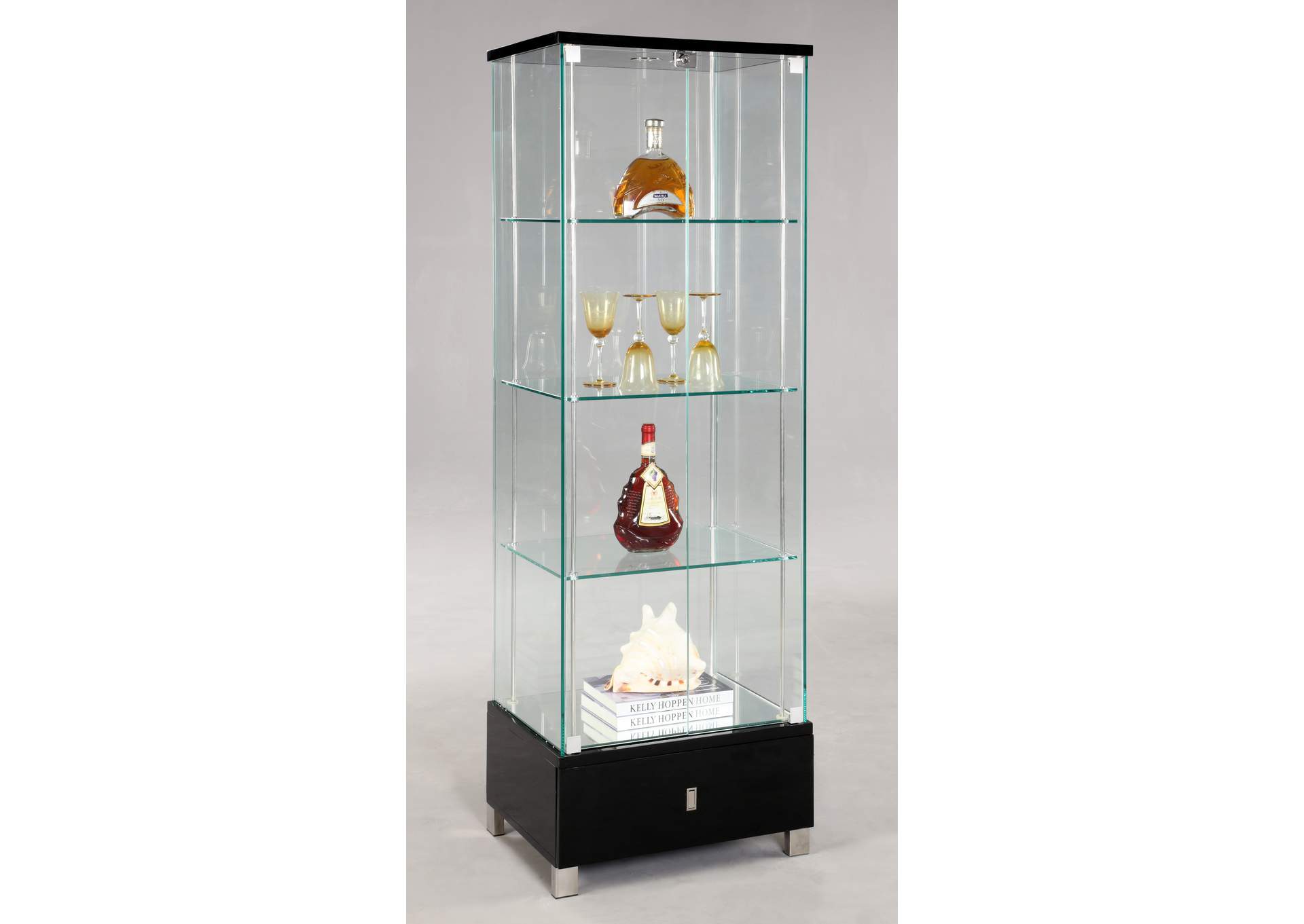 Contemporary Glass Curio With Shelves , Drawer & Led Lights image 1