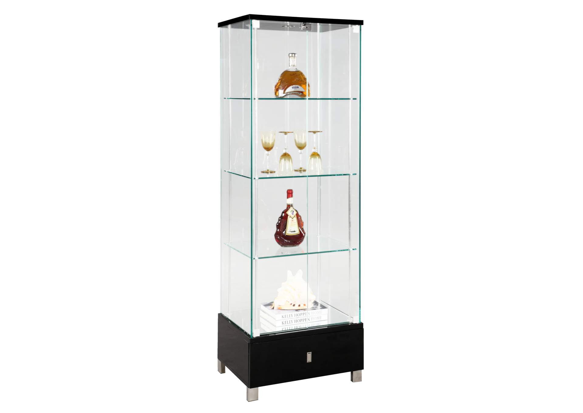 Contemporary Glass Curio With Shelves , Drawer & Led Lights image 3