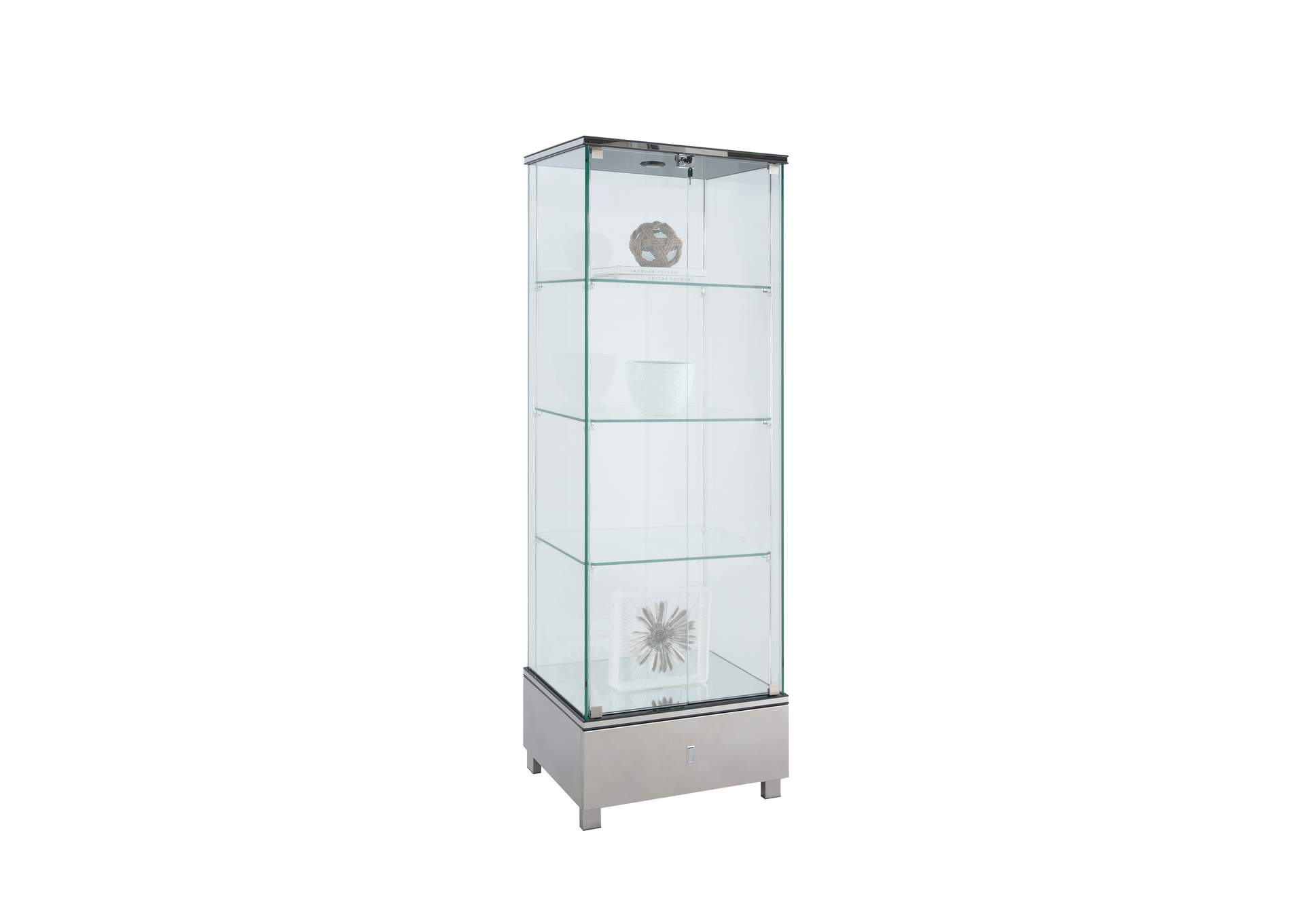 Contemporary Glass Curio With Shelves , Drawer & Led Lights image 3