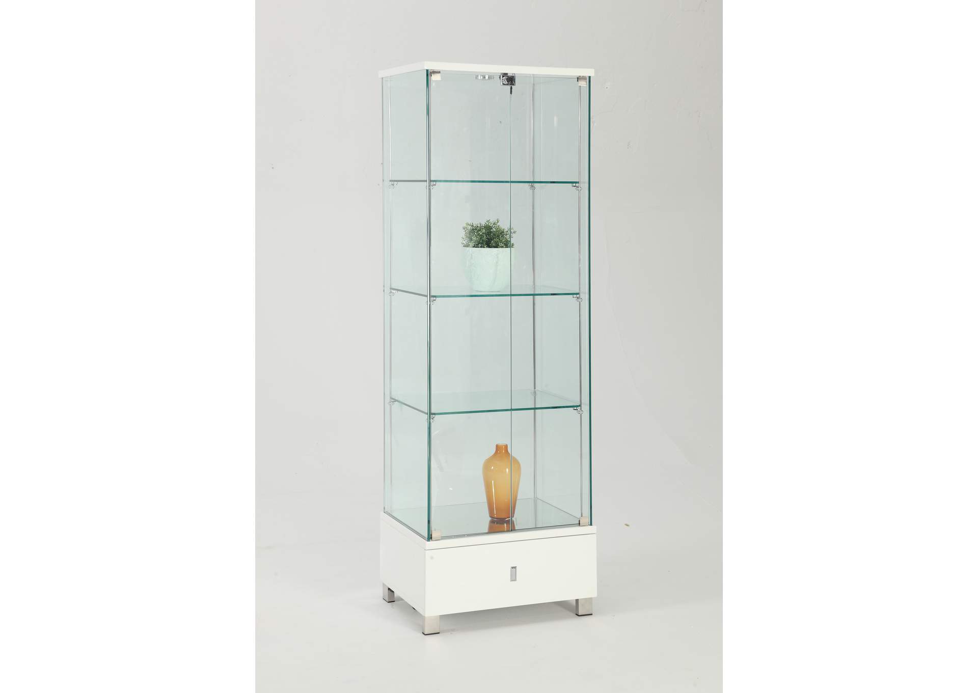 Contemporary Glass Curio With Shelves , Drawer & Led Lights image 1
