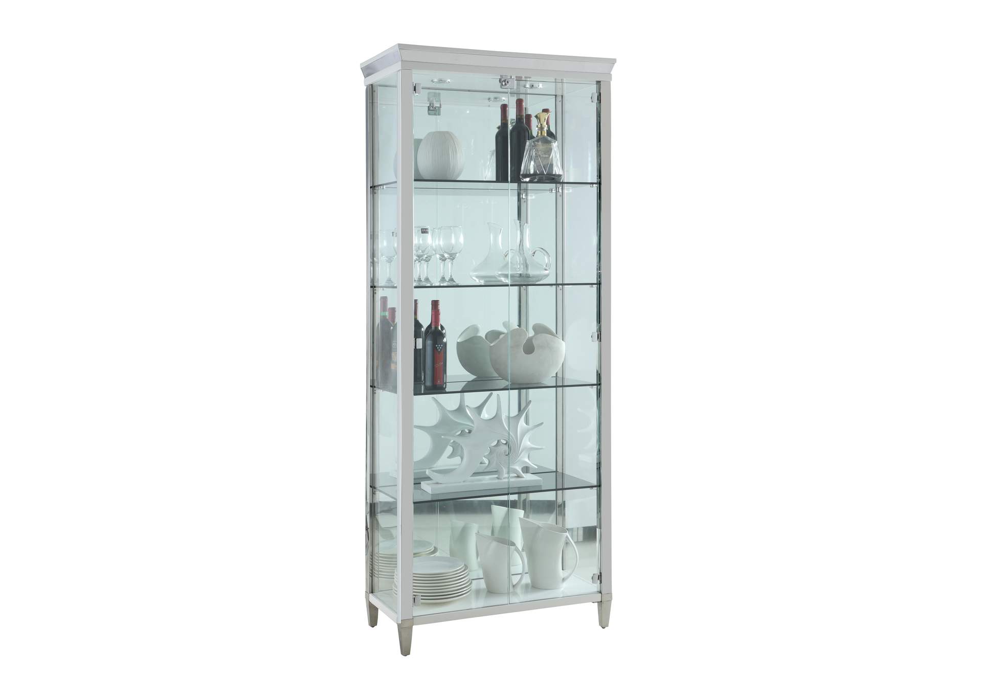 Contemporary Tempered Glass Curio With Shelves , Lighting & Locking Doors image 1