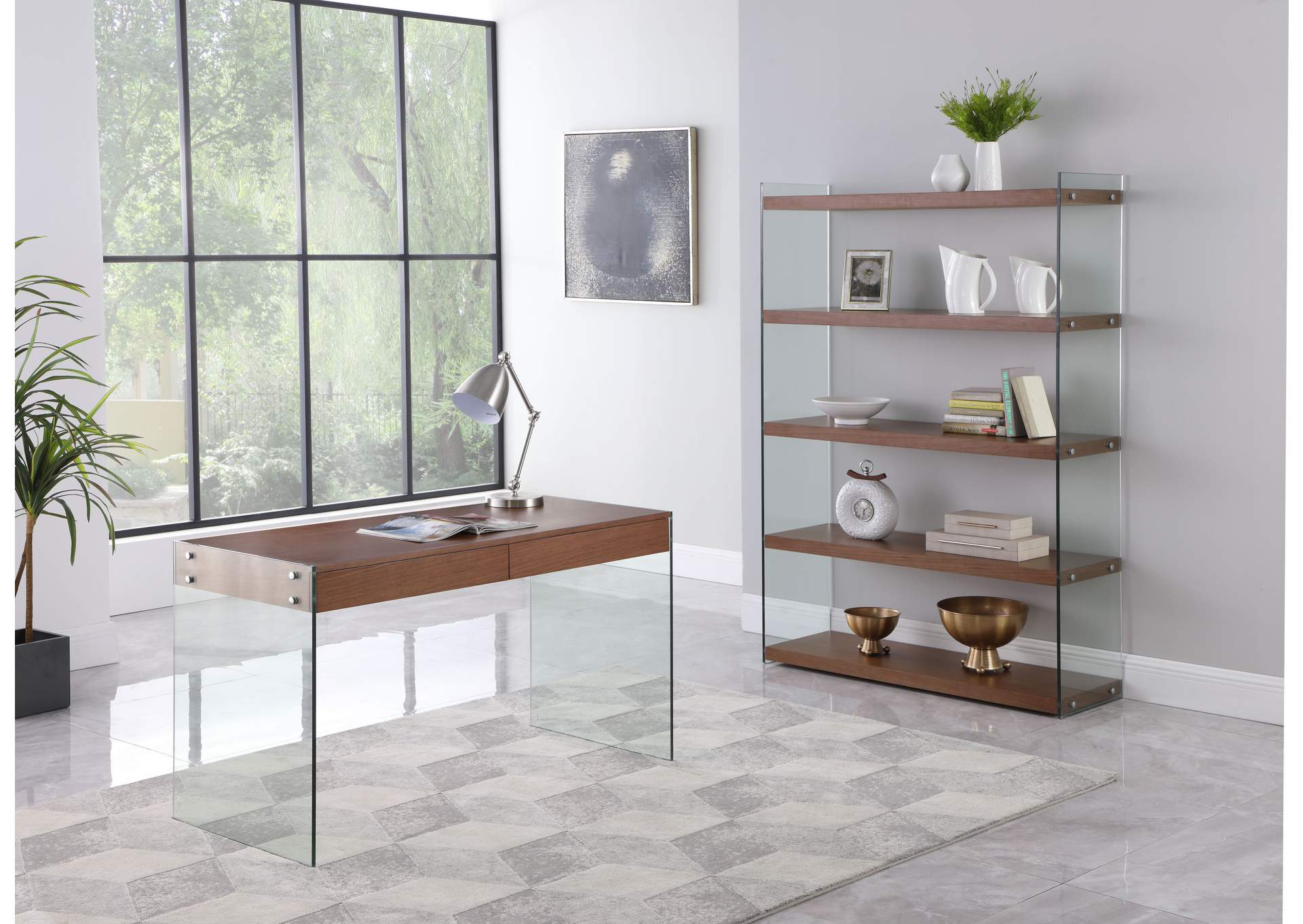 Contemporary Walnut & Glass Book Case image 1