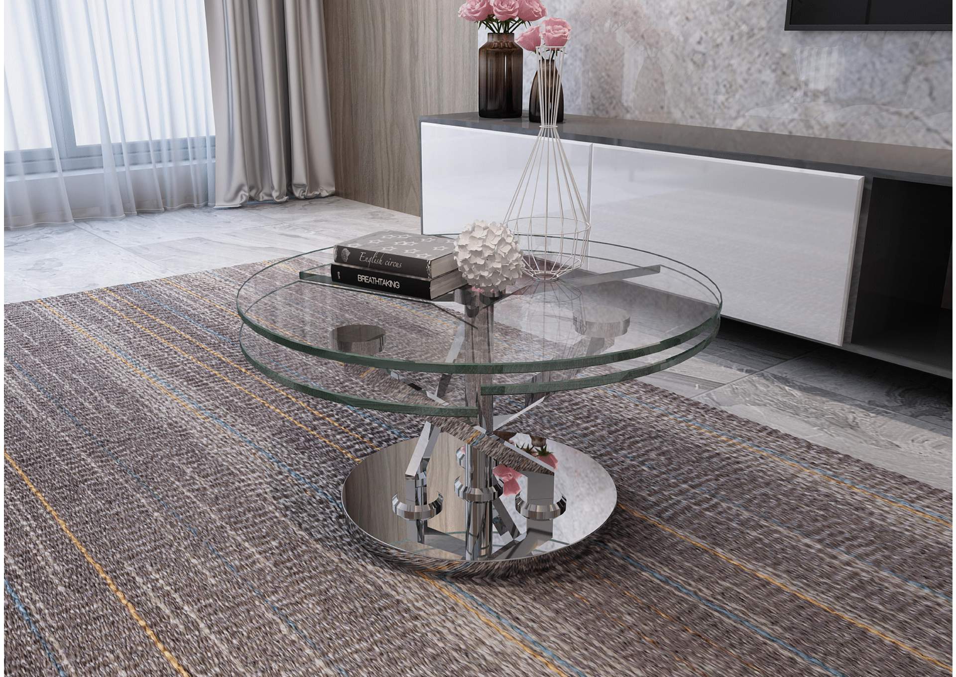 Contemporary Cocktail Table With Glass Top & Motion Shelves image 6