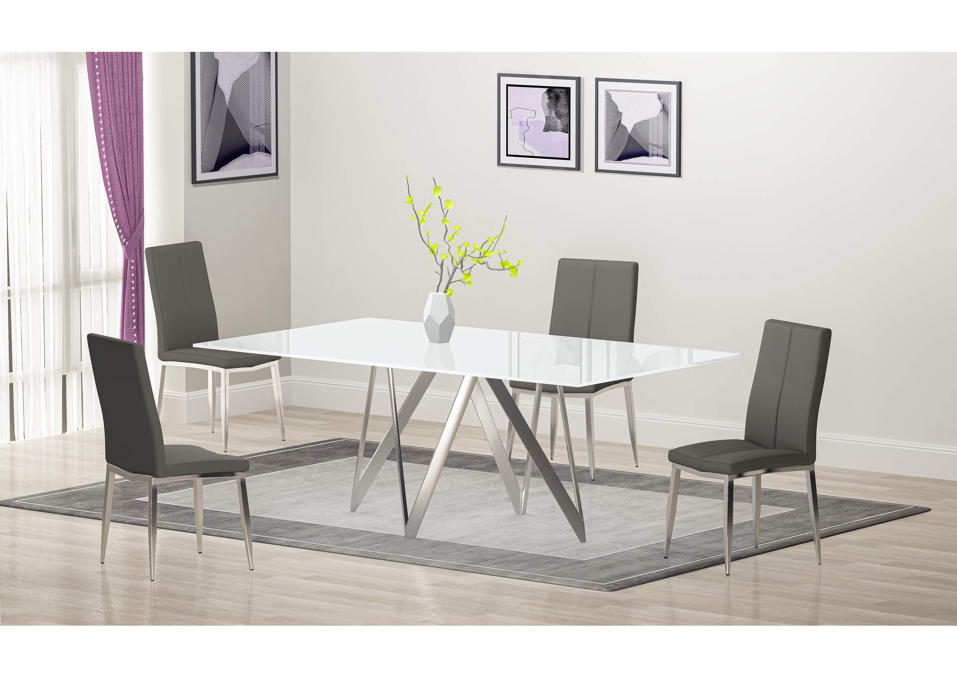 Modern Dining Set With White Glass Table & 4 Chairs image 3