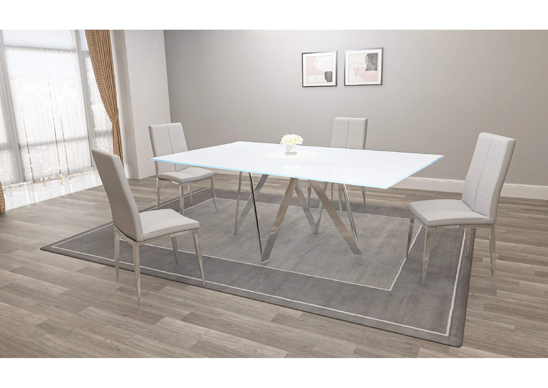 Modern Dining Set With White Glass Table & 4 Chairs image 1