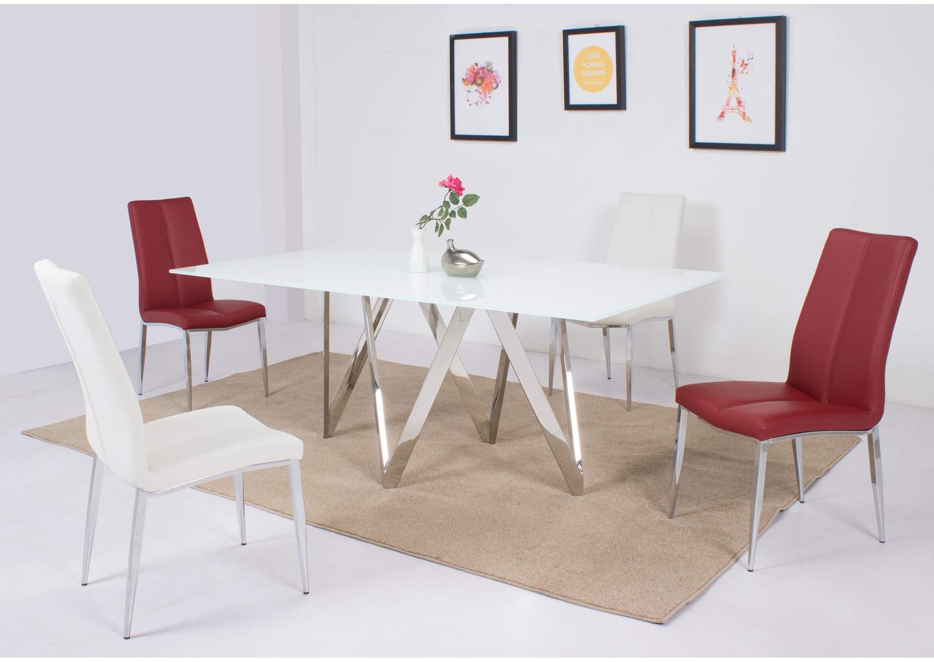 Modern Dining Set With White Glass Table & 4 Chairs