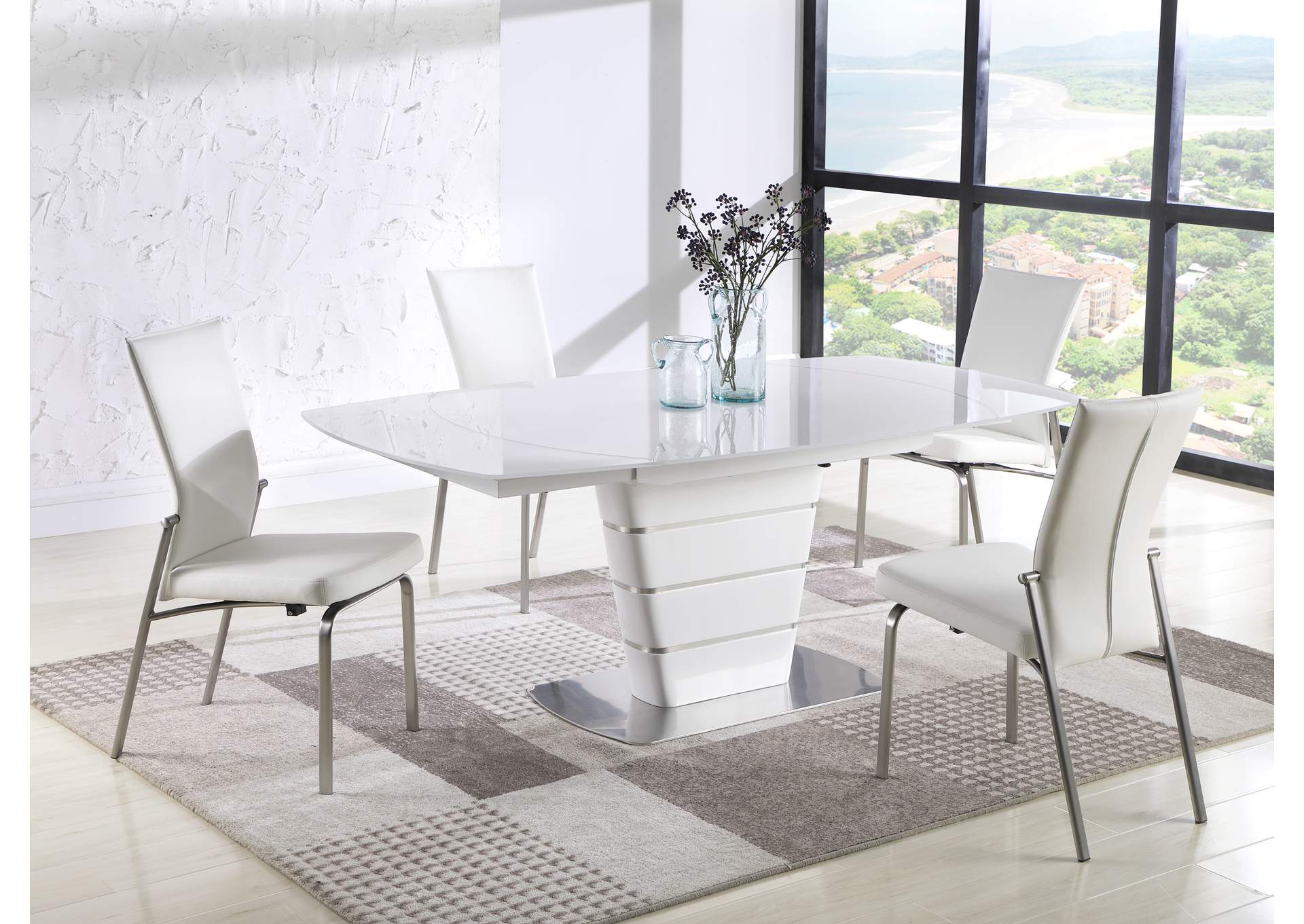Contemporary Dining Set With White Glass Table & 4 Motion-Back Chairs image 1