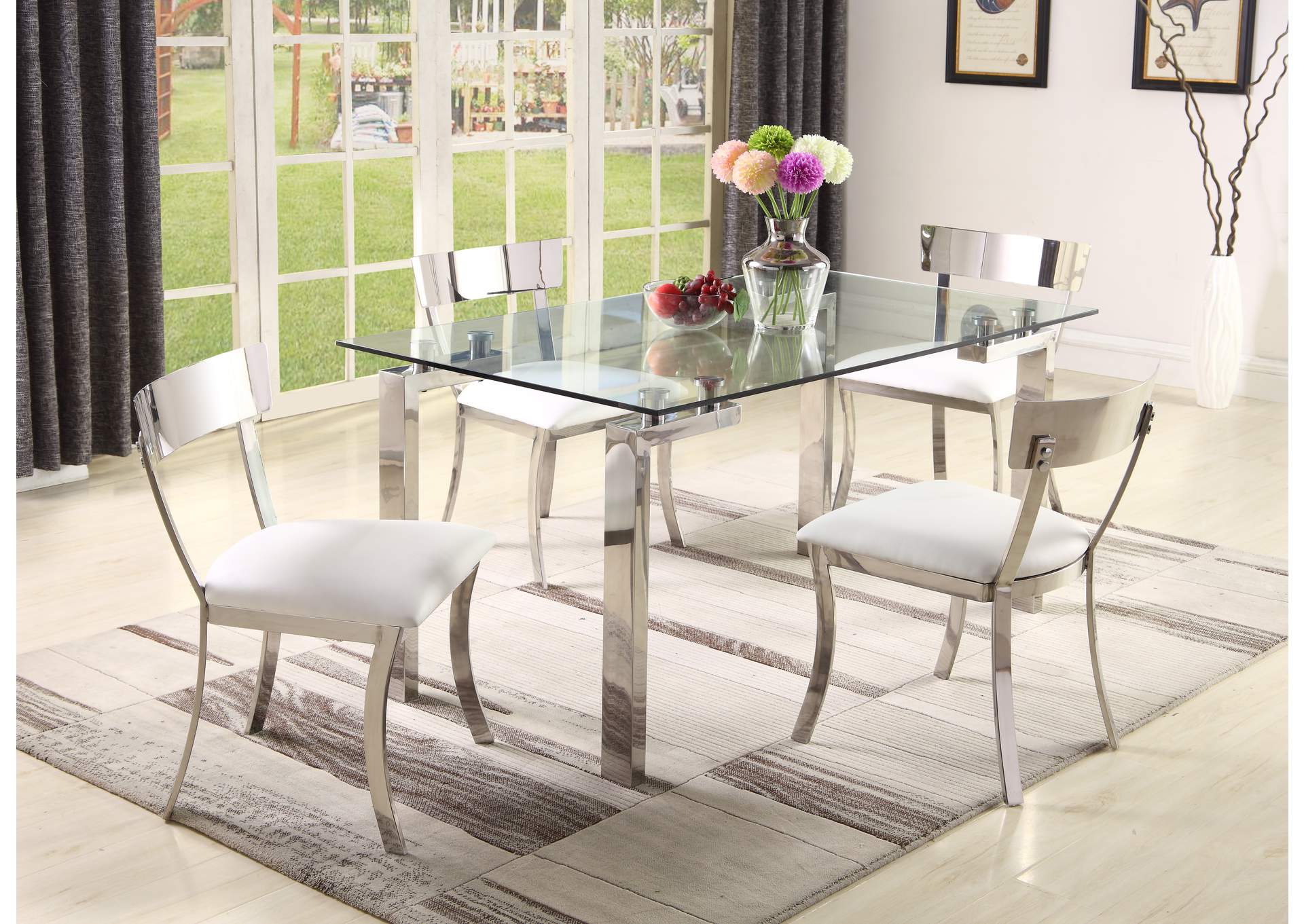 Contemporary Dining Set With Glass Table & Upholstered Chairs image 1