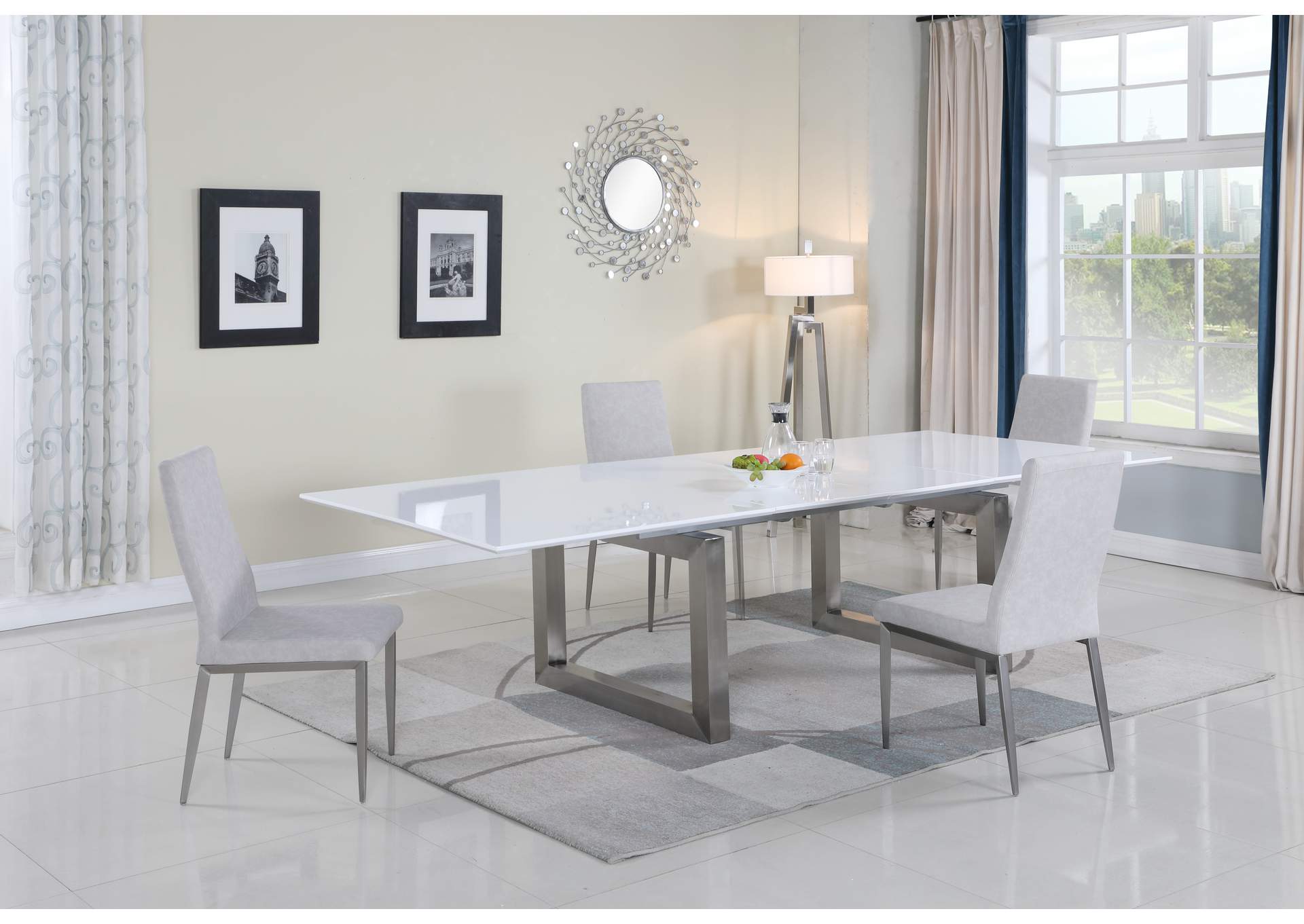 Contemporary Dining Set With White Extendable Table & 4 Gray Chairs image 1