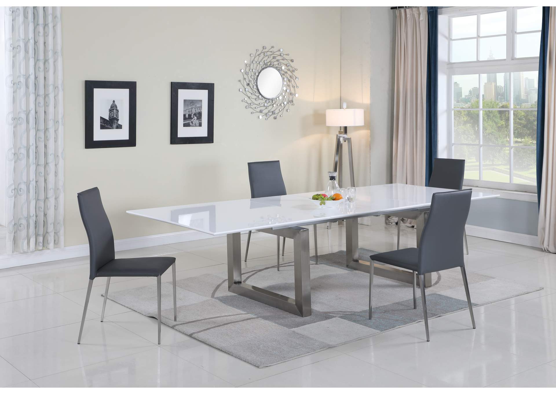 Contemporary Dining Set With White Extendable Table & 4 Upholstered Chairs image 1