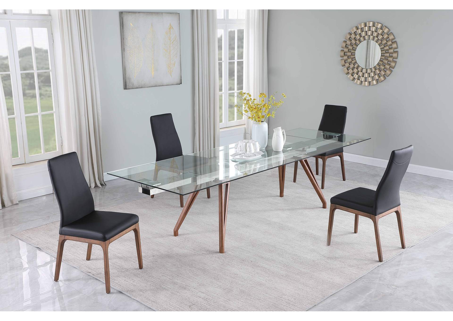 Modern Dining Set With Extendable Glass Table & Black Contour Back Upholstered Side Chairs image 1