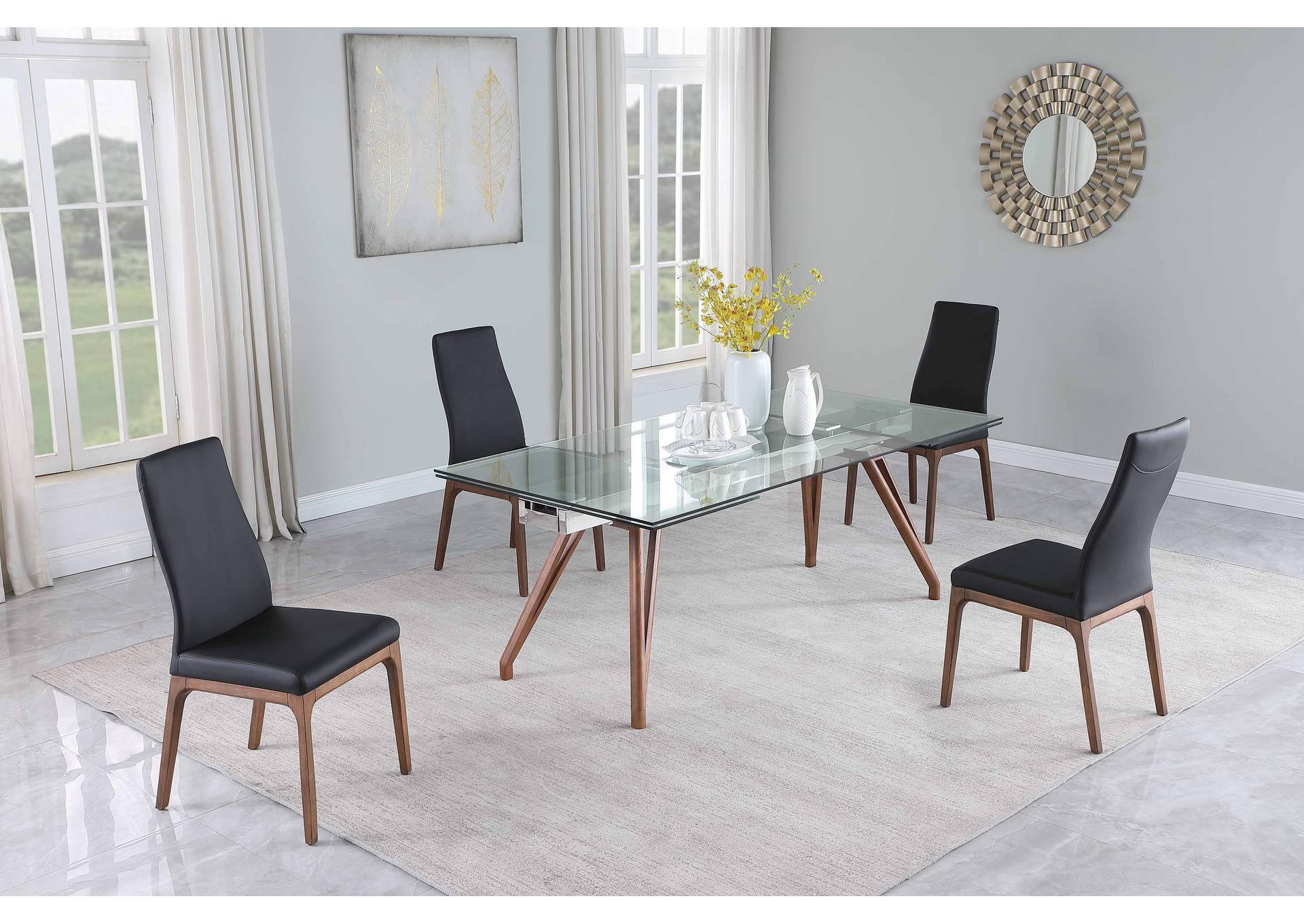 Modern Dining Set With Extendable Glass Table & Black Contour Back Upholstered Side Chairs image 3