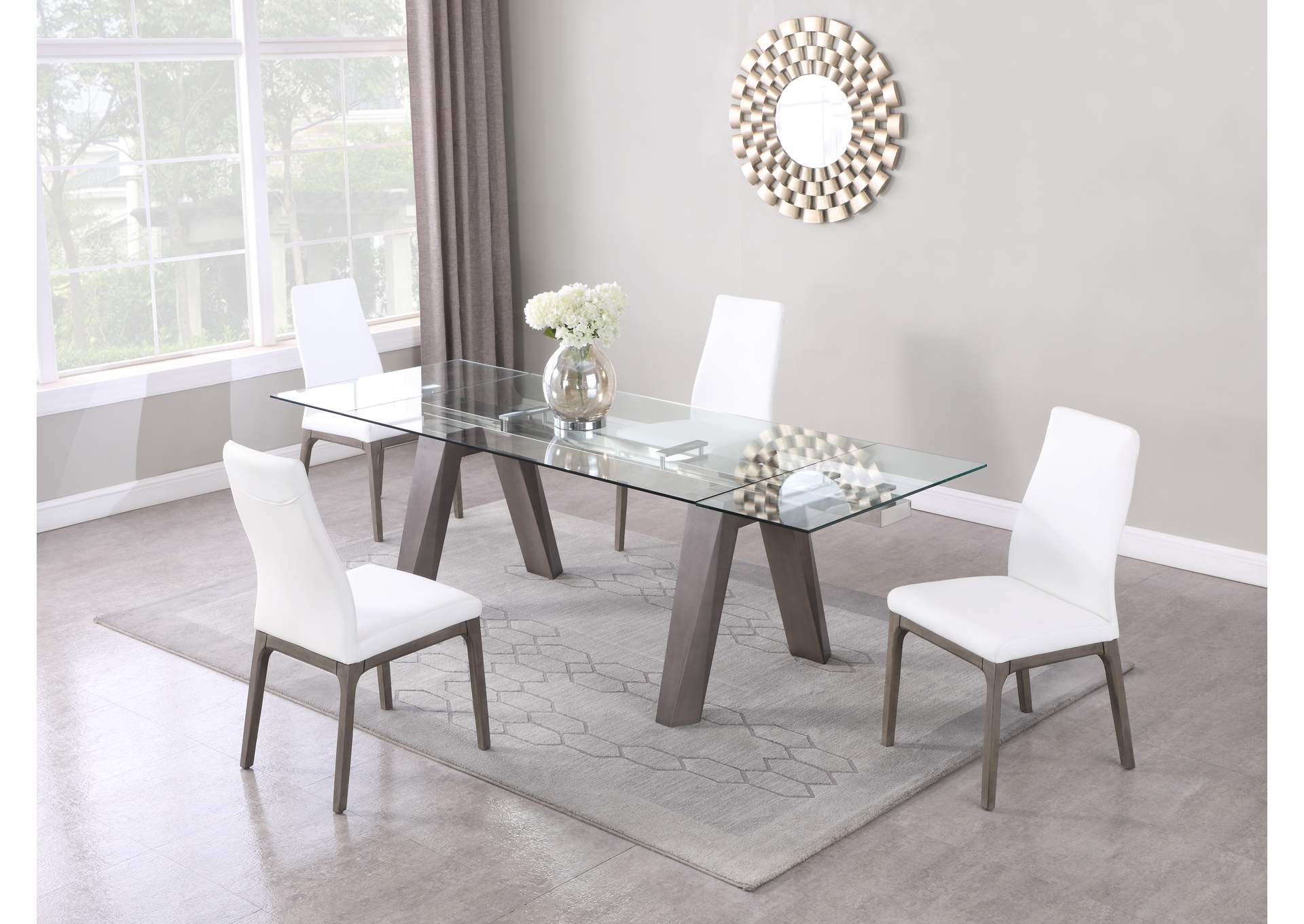 Modern Dining Set With Extendable Glass Table & 2-Tone Chairs