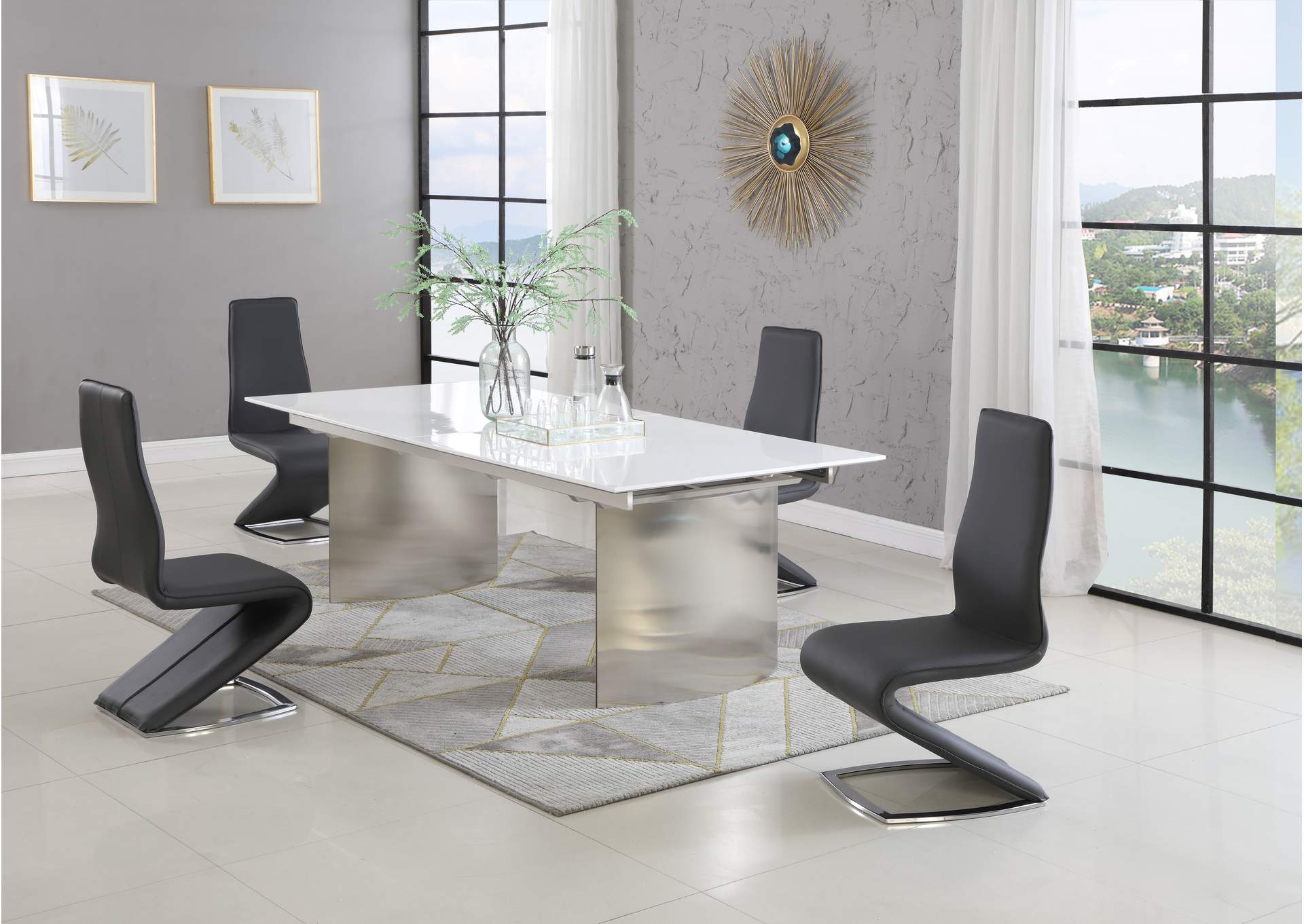 Dining Set With Contemporary Extendable White Table & Modern Black Chairs image 1
