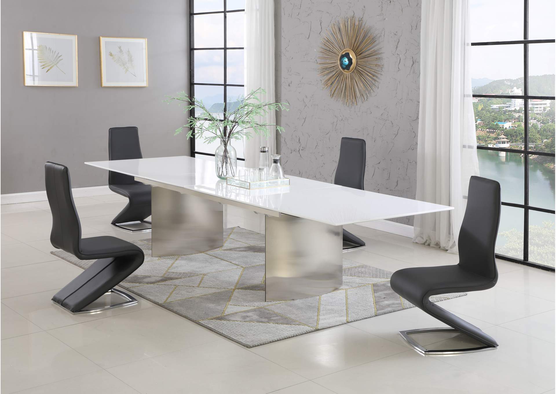 Dining Set With Contemporary Extendable White Table & Modern Black Chairs image 3