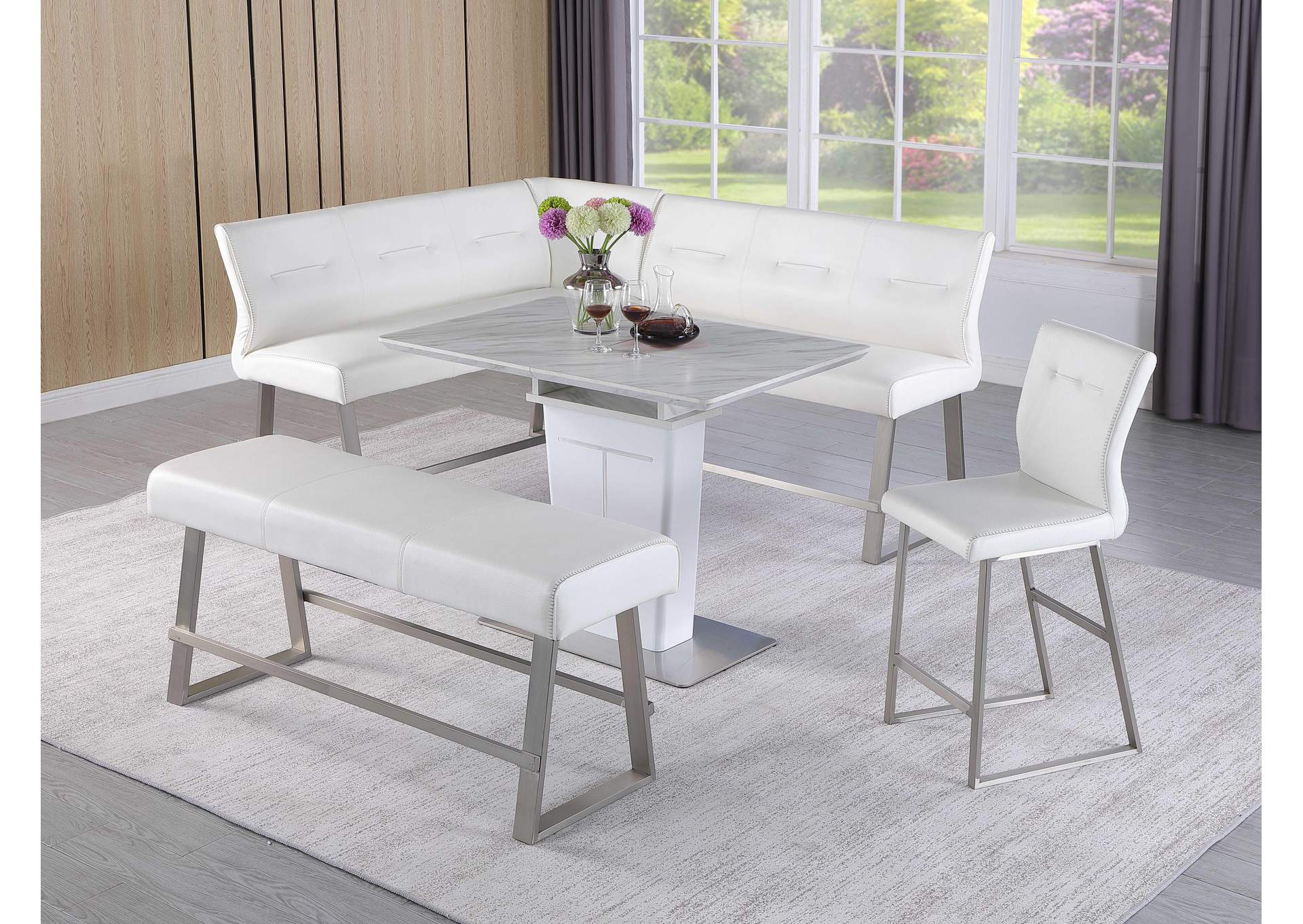 Contemporary Dining Counter Set With Extendable Table , Reversible Nook , Bench & Stool