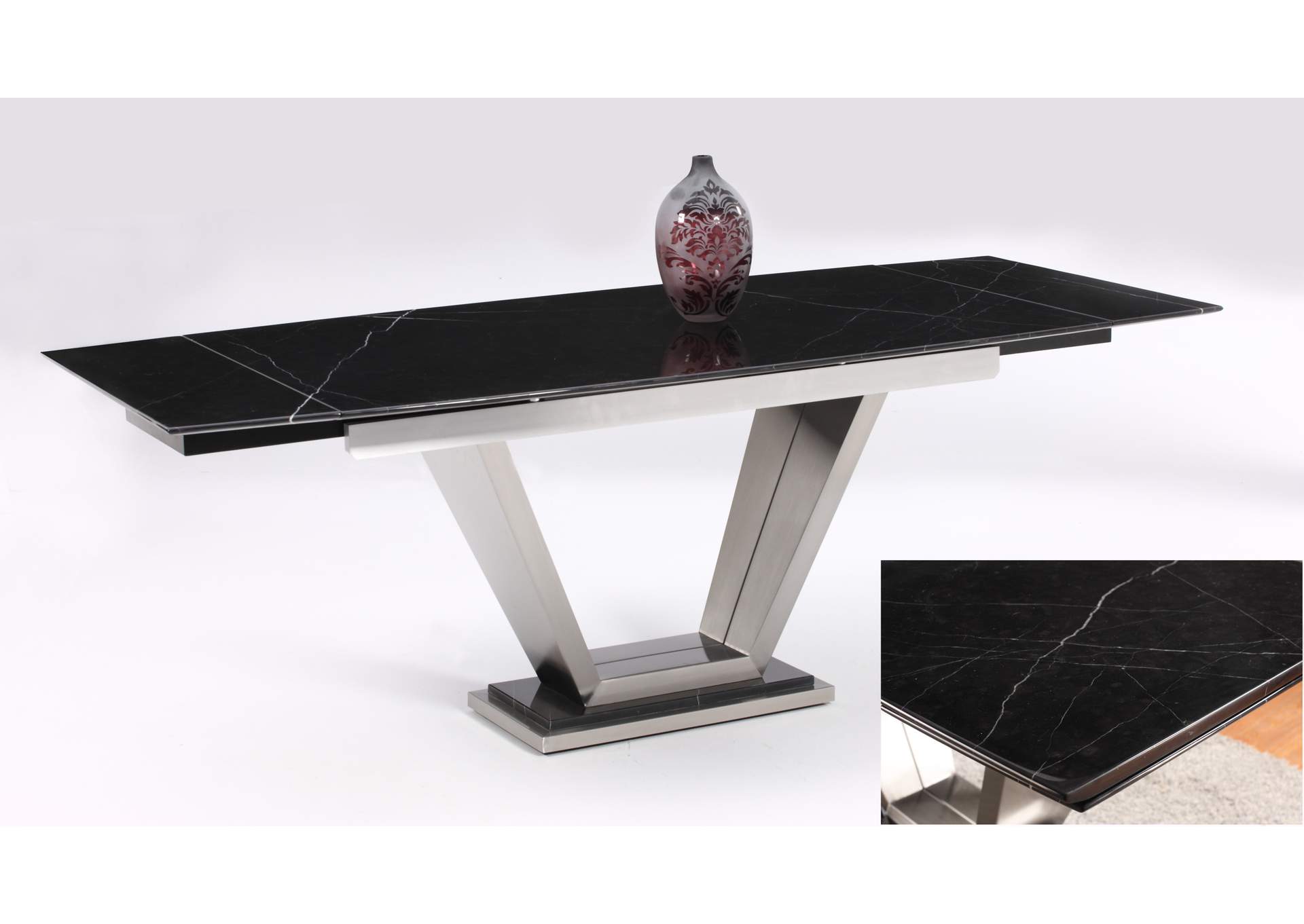 Contemporary Extendable Black Marble Dining Table With Steel Pedestal image 1