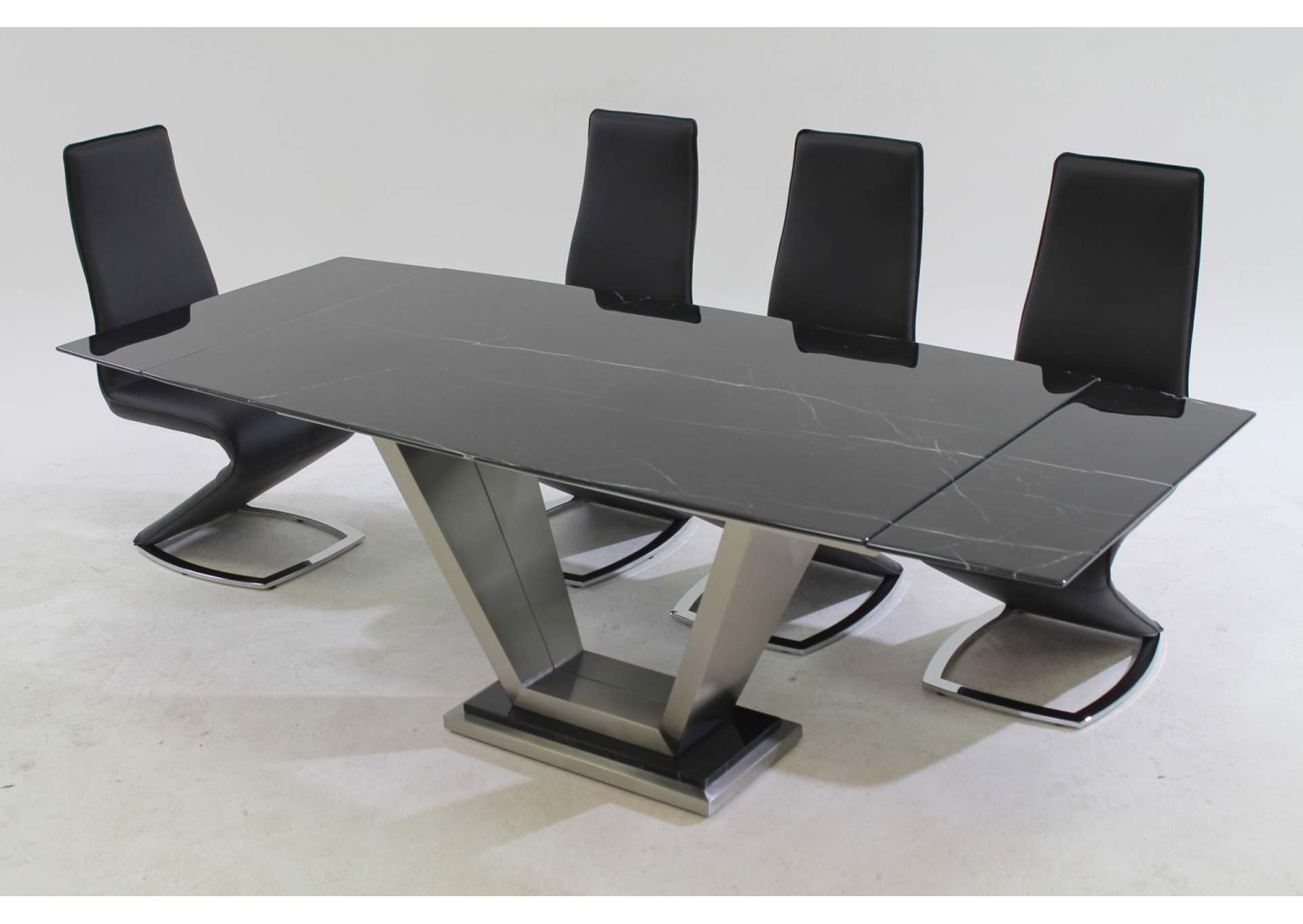 Contemporary Dining Set With Black Marble Table & Z-Shaped Chairs image 1
