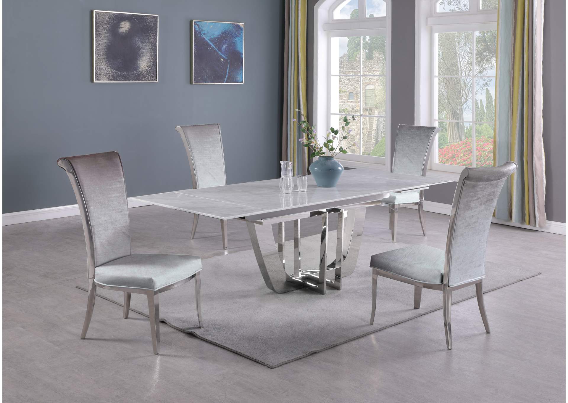 Dining Set With Extendable Carrara Marble Table & 4 High-Back Chairs image 4